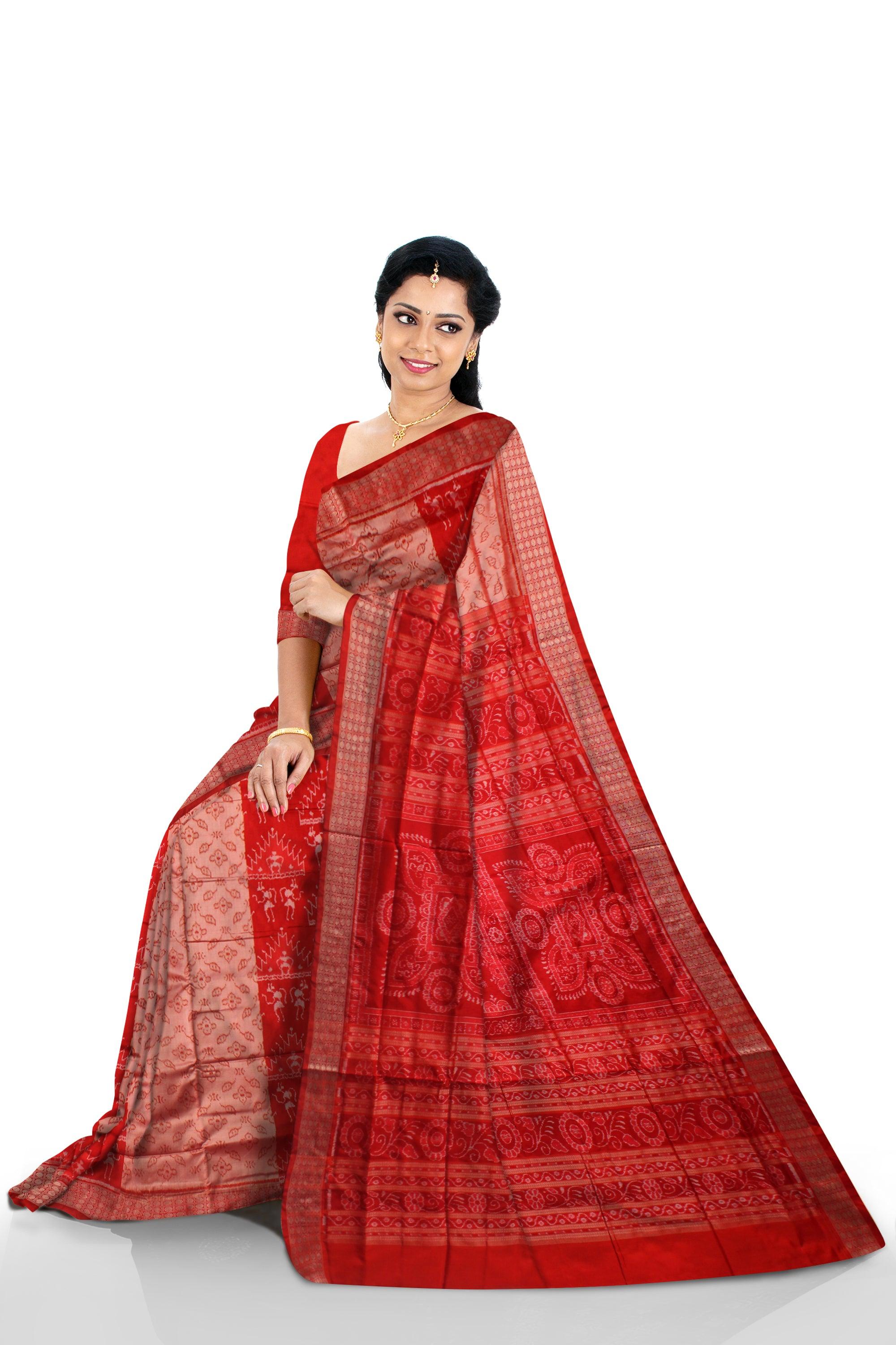 LATEST PATTERN PURE PATA SAREE IN RED AND LIGHT SILVER COLOR BASE, COMES WITH BLOUSE PIECE. - Koshali Arts & Crafts Enterprise