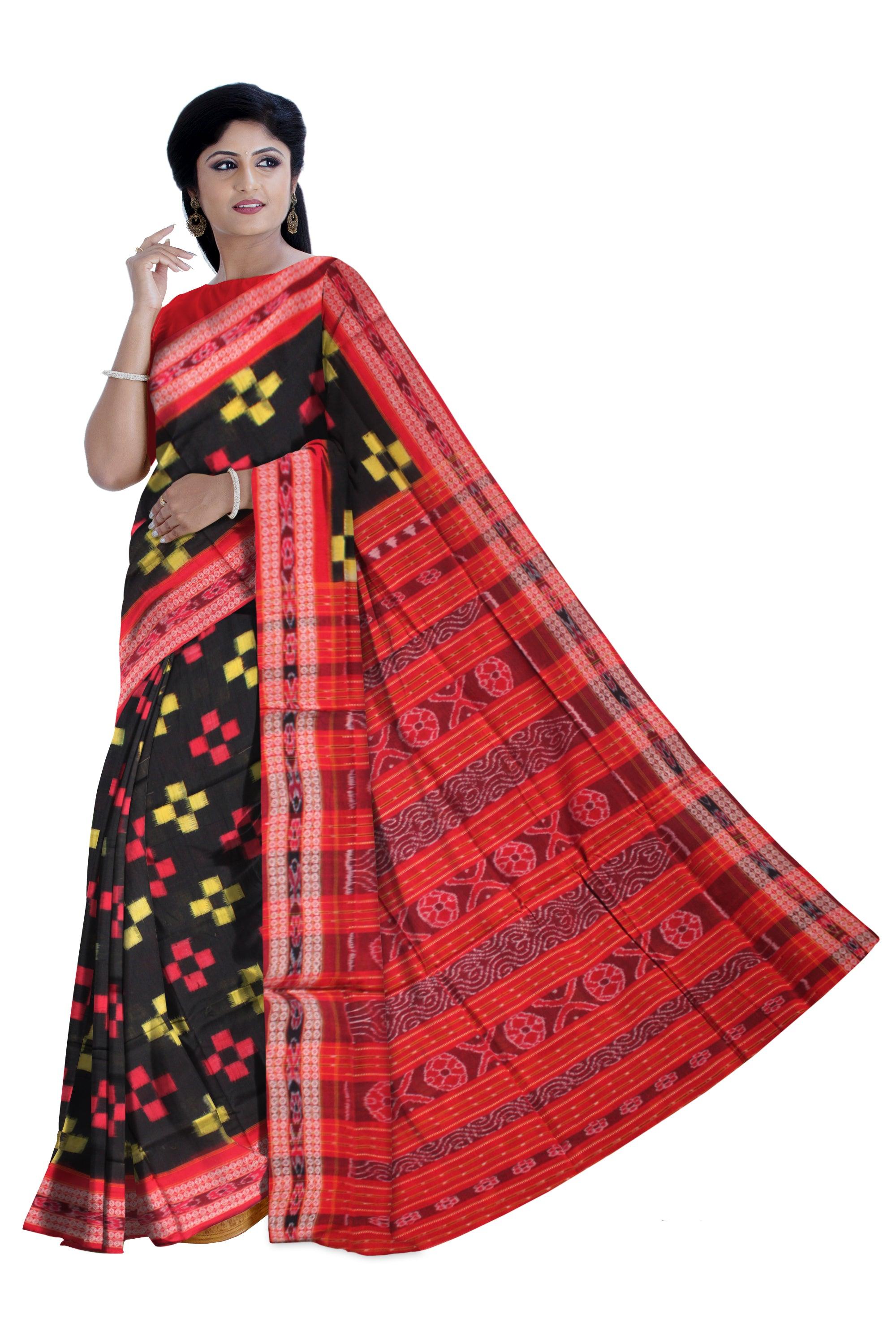 BLACK AND RED COLOR PASAPALI PATTERN COTTON SAREE, WITH  OUT BLOUSE PIECE. - Koshali Arts & Crafts Enterprise