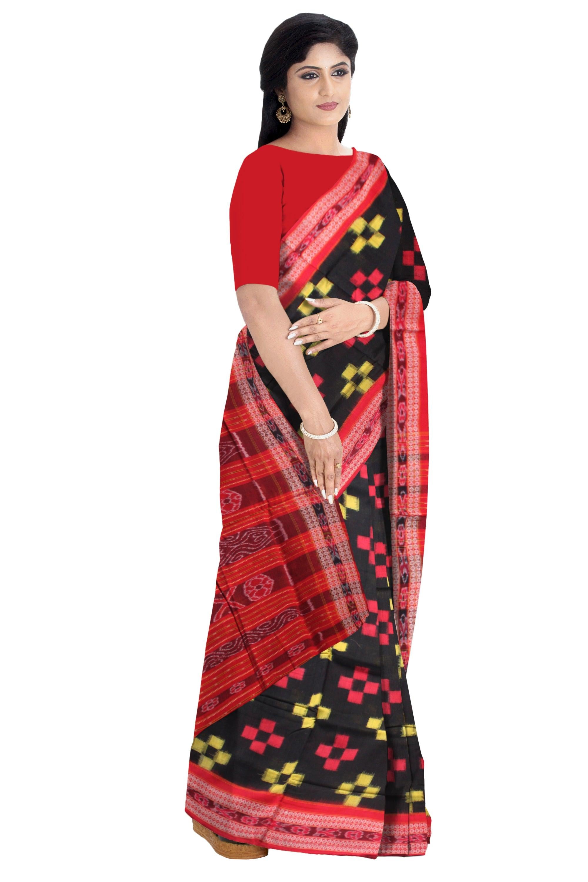 BLACK AND RED COLOR PASAPALI PATTERN COTTON SAREE, WITH  OUT BLOUSE PIECE. - Koshali Arts & Crafts Enterprise