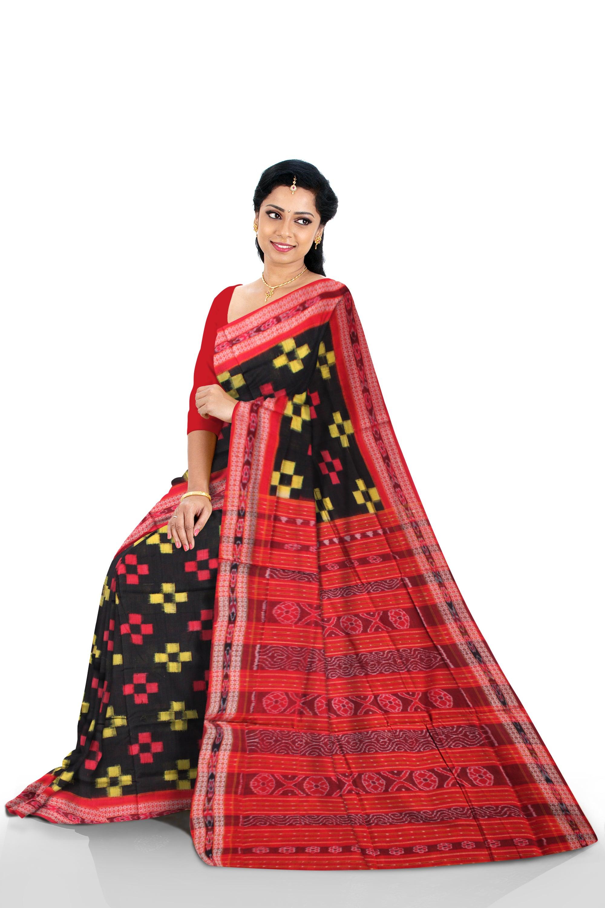 BLACK AND RED COLOR PASAPALI PATTERN COTTON SAREE, WITH  OUT BLOUSE PIECE. - Koshali Arts & Crafts Enterprise