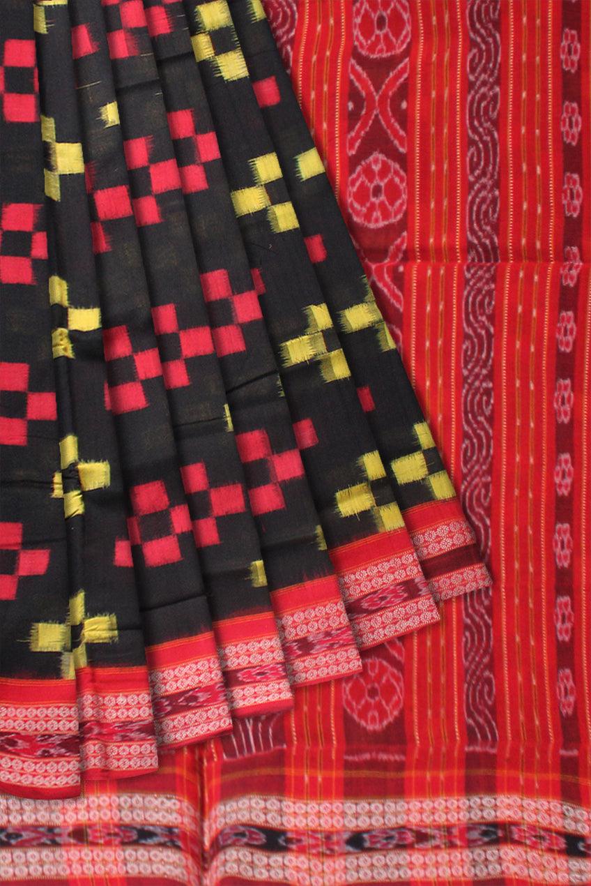 BLACK AND RED COLOR PASAPALI PATTERN COTTON SAREE, WITH  OUT BLOUSE PIECE. - Koshali Arts & Crafts Enterprise