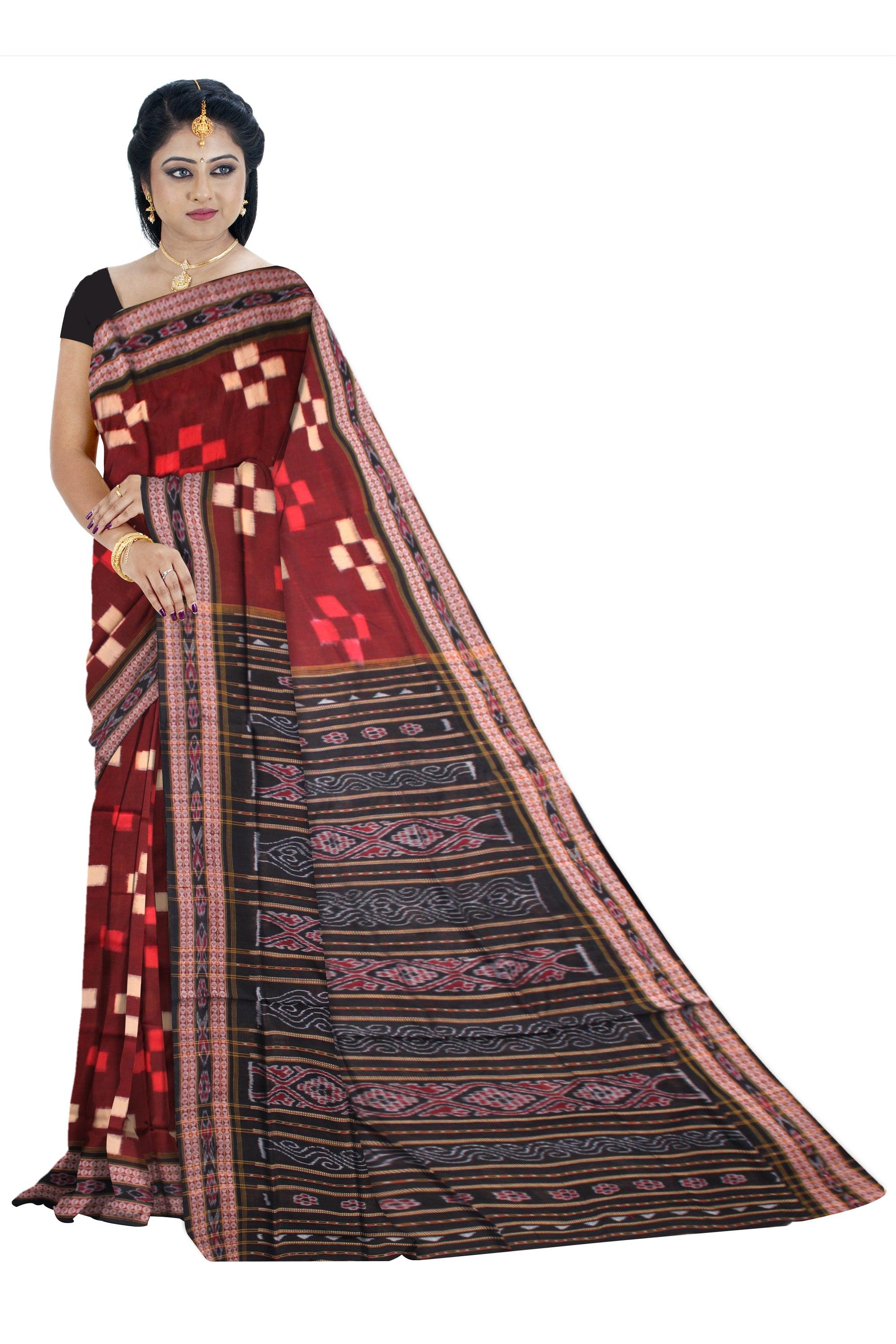 FESTIVAL COLLECTION PASAPALI COTTON SAREE IN MAROON AND BLACK COLOR BASE, WITH OUT BLOUSE PIECE. - Koshali Arts & Crafts Enterprise