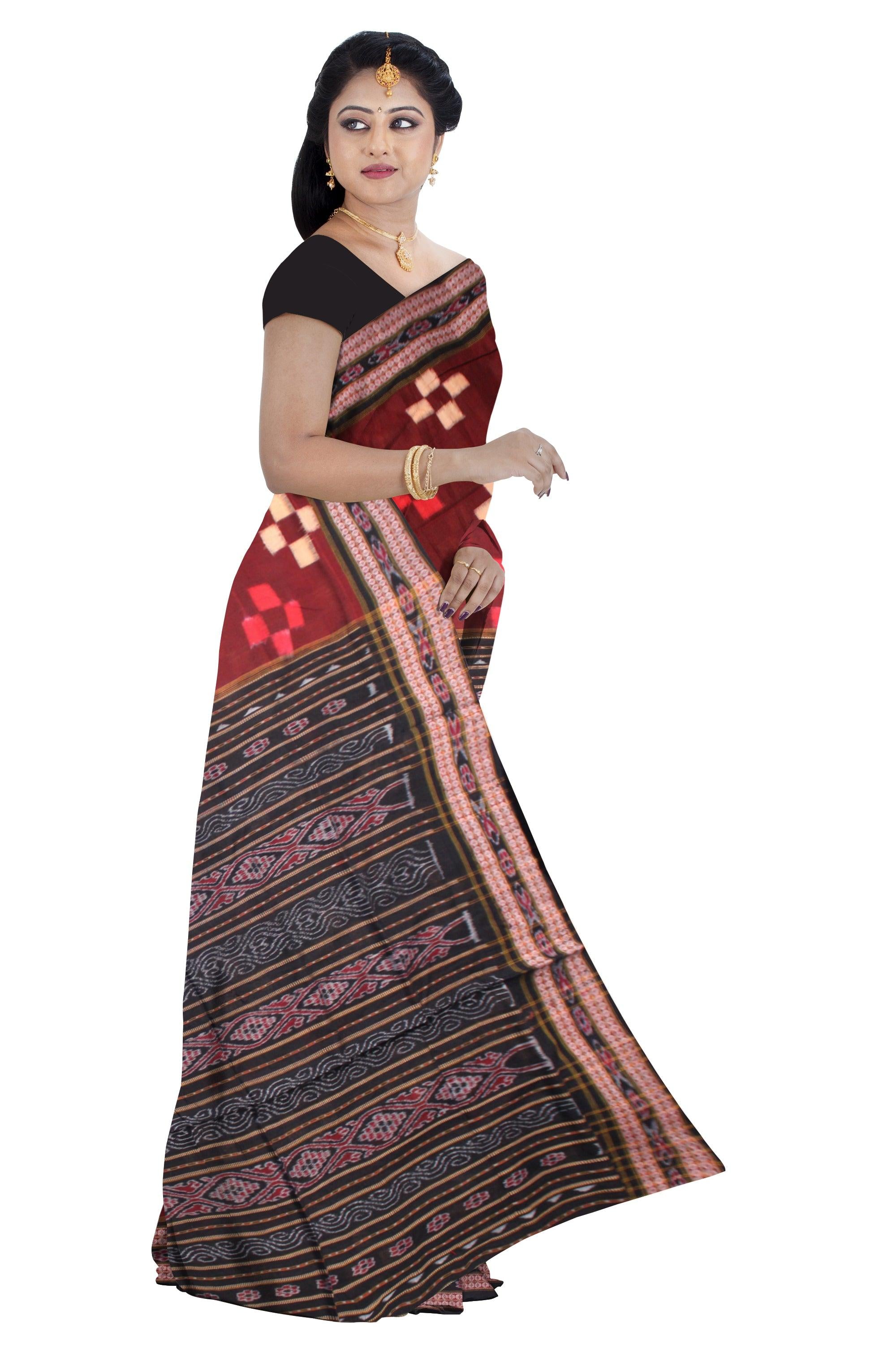 FESTIVAL COLLECTION PASAPALI COTTON SAREE IN MAROON AND BLACK COLOR BASE, WITH OUT BLOUSE PIECE. - Koshali Arts & Crafts Enterprise