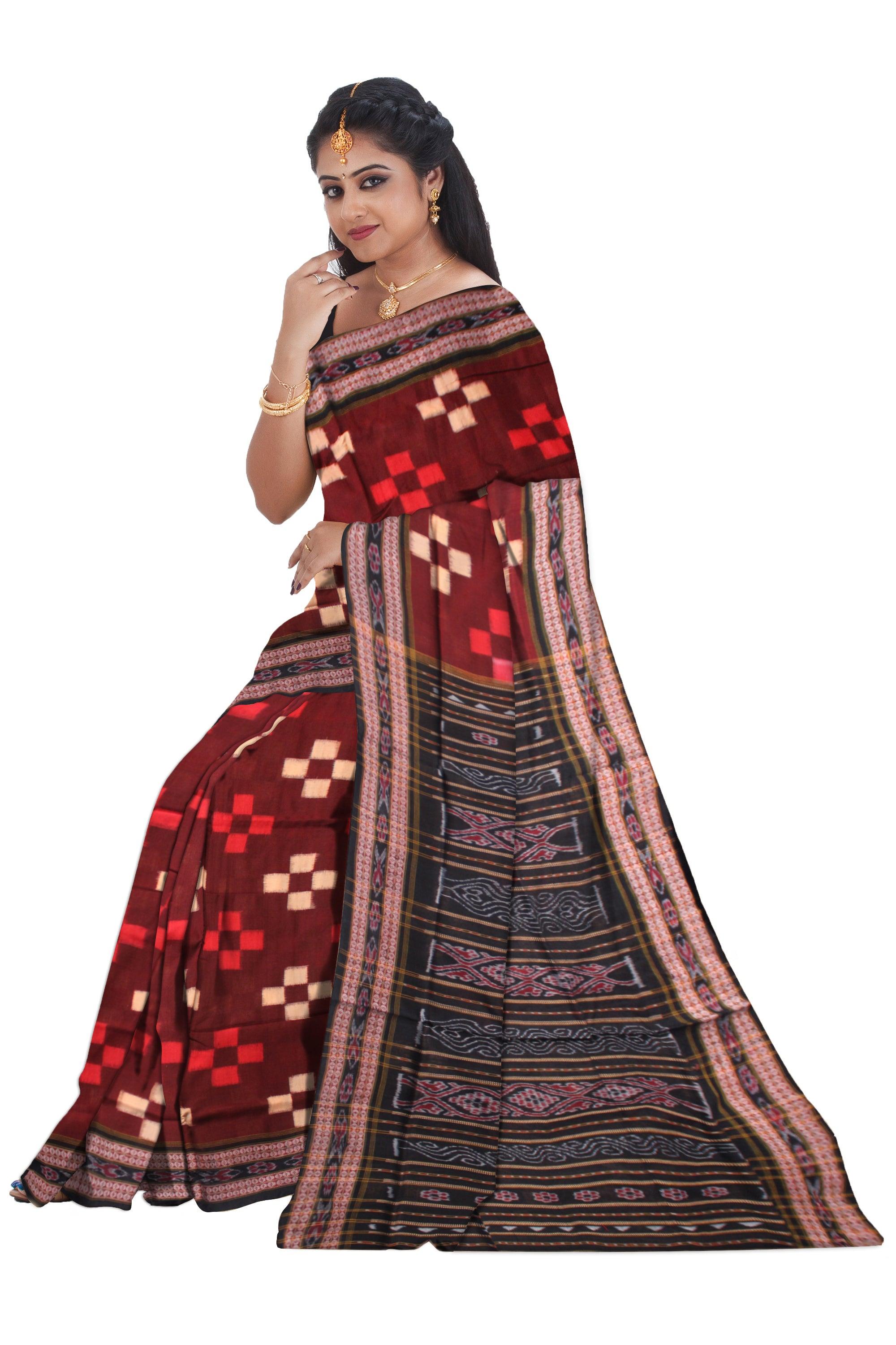 FESTIVAL COLLECTION PASAPALI COTTON SAREE IN MAROON AND BLACK COLOR BASE, WITH OUT BLOUSE PIECE. - Koshali Arts & Crafts Enterprise