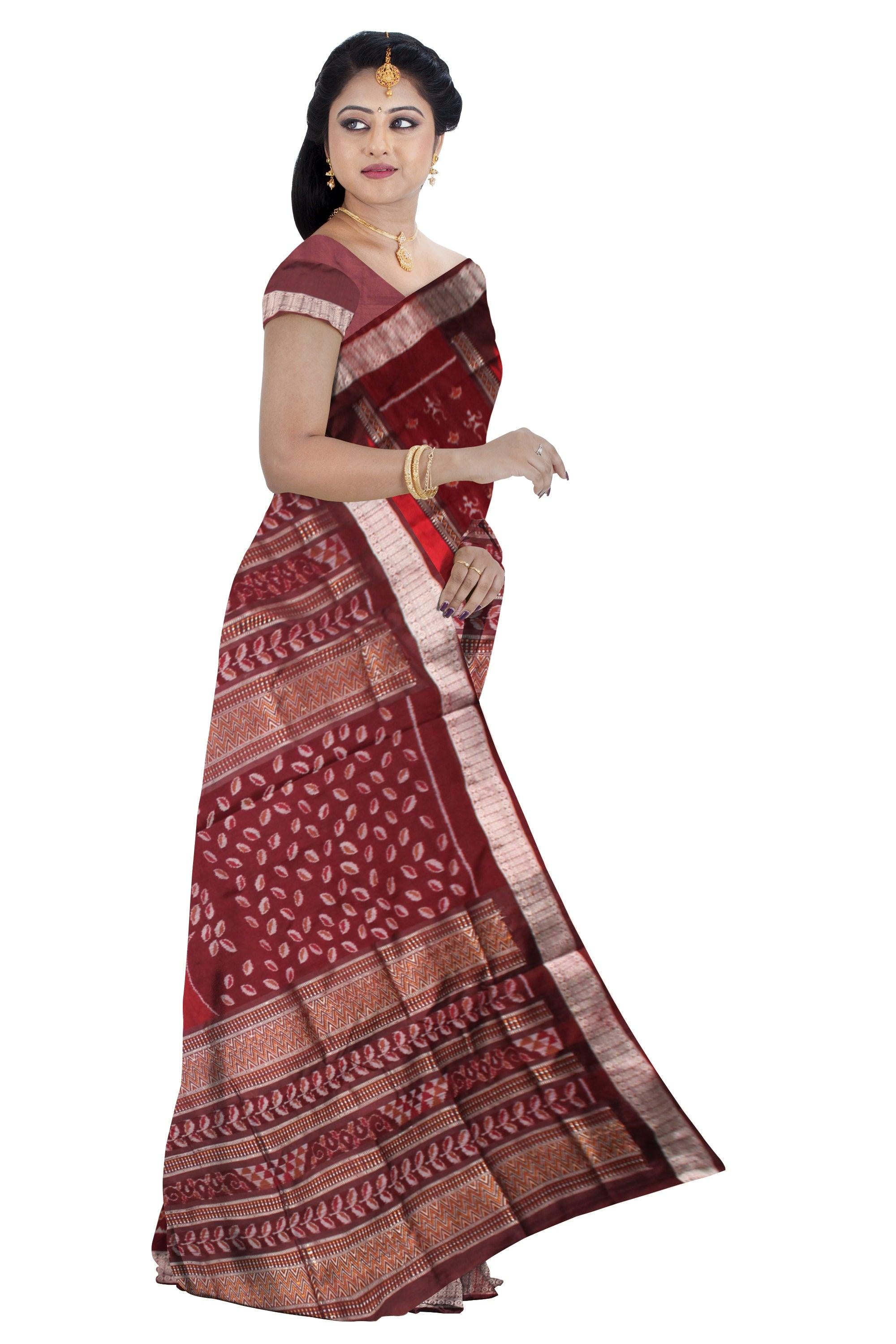 LATEST TREE AND TERRACOTTA PATTERN BOMKEI PATA SAREE IN MAROON AND COFFEE COLOR BASE, ATTACHED WITH BLOUSE PIECE. - Koshali Arts & Crafts Enterprise