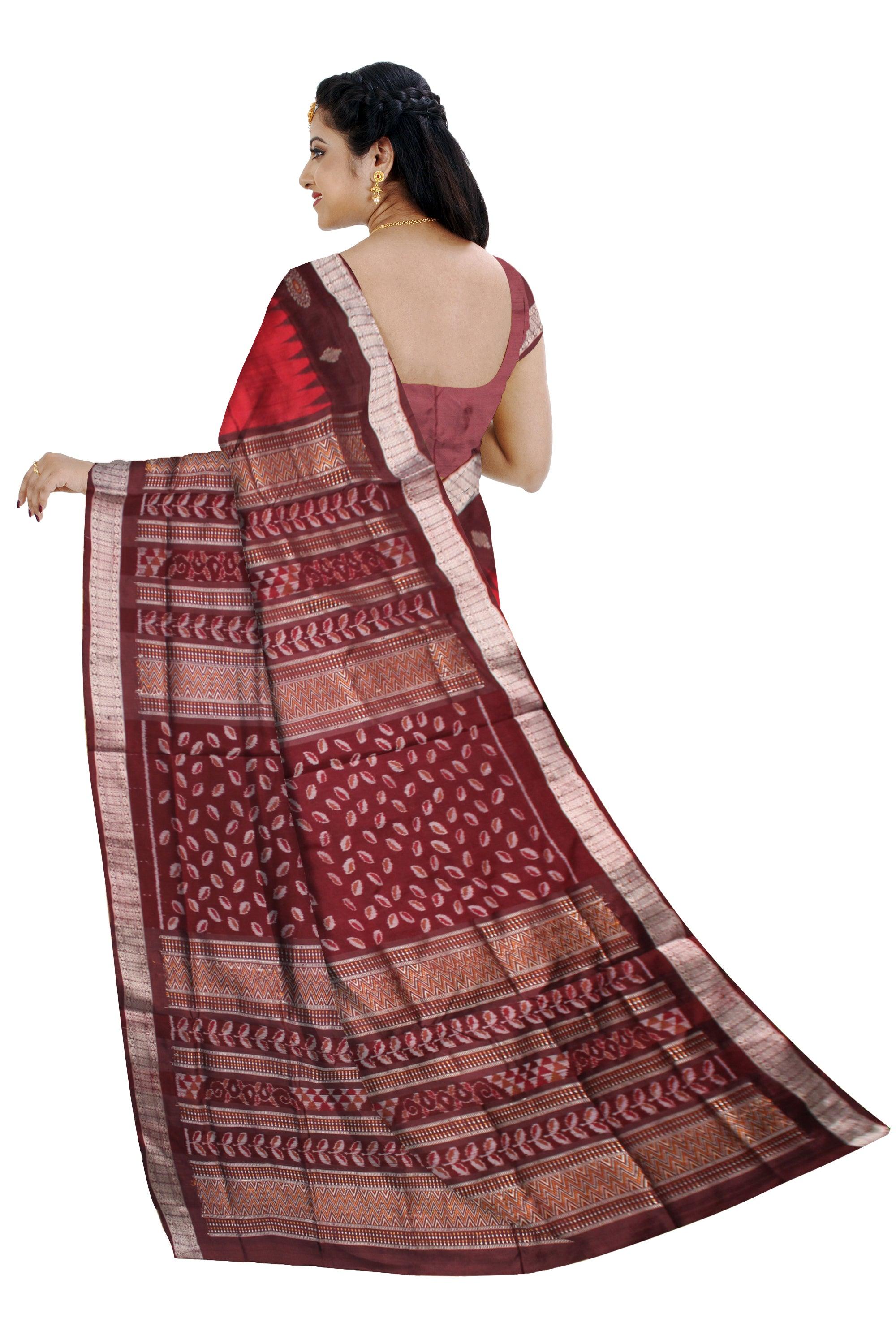 LATEST TREE AND TERRACOTTA PATTERN BOMKEI PATA SAREE IN MAROON AND COFFEE COLOR BASE, ATTACHED WITH BLOUSE PIECE. - Koshali Arts & Crafts Enterprise