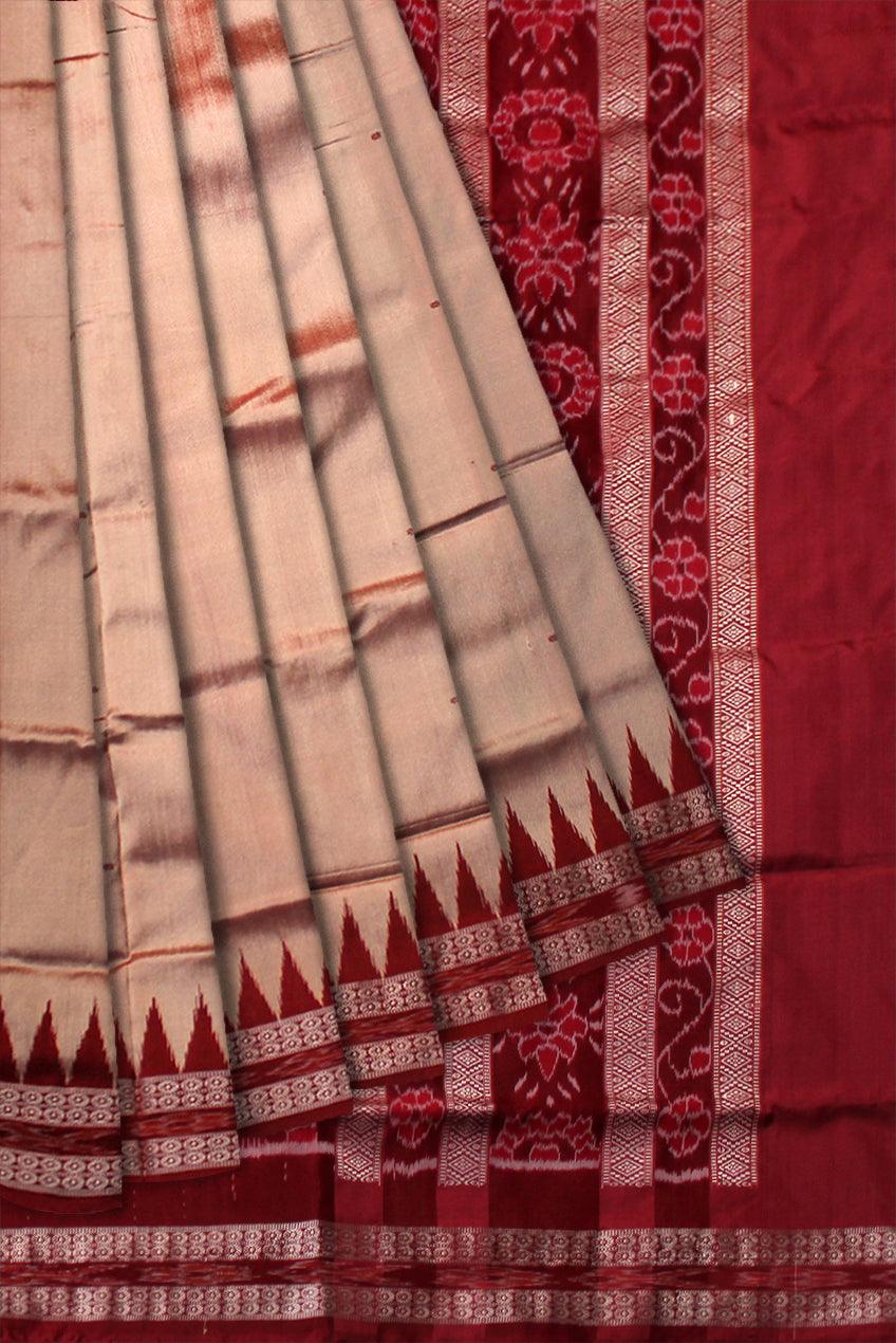 LATEST BOOTY PATTERN PATA SAREE IN PEACH AND MAROON COLOR BASE, BORDER IS RUDRAKSHA AND KUMBHA PATTERN. WITH BLOUSE PIECE. - Koshali Arts & Crafts Enterprise