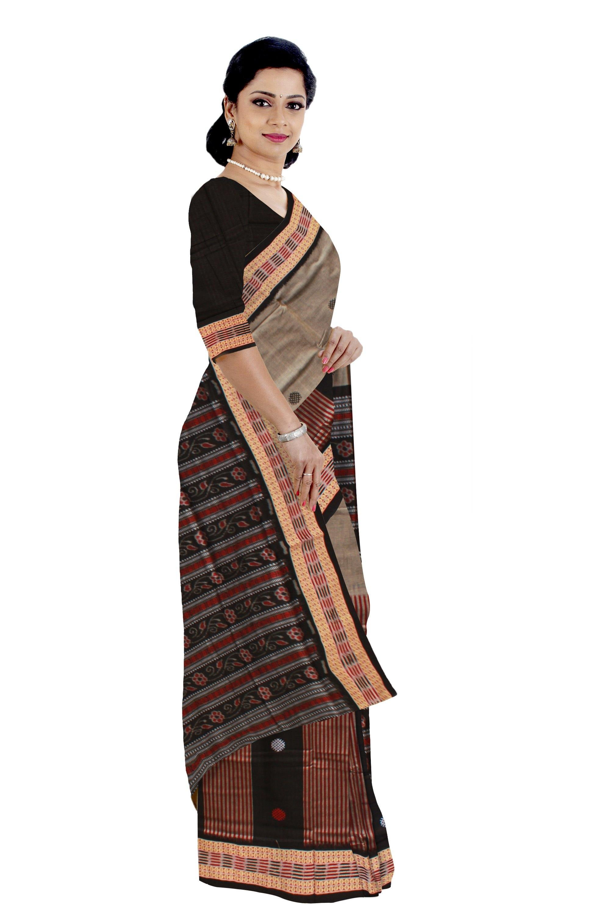 Light Brown and Red lining Sambalpuri saree with blouse piece. - Koshali Arts & Crafts Enterprise