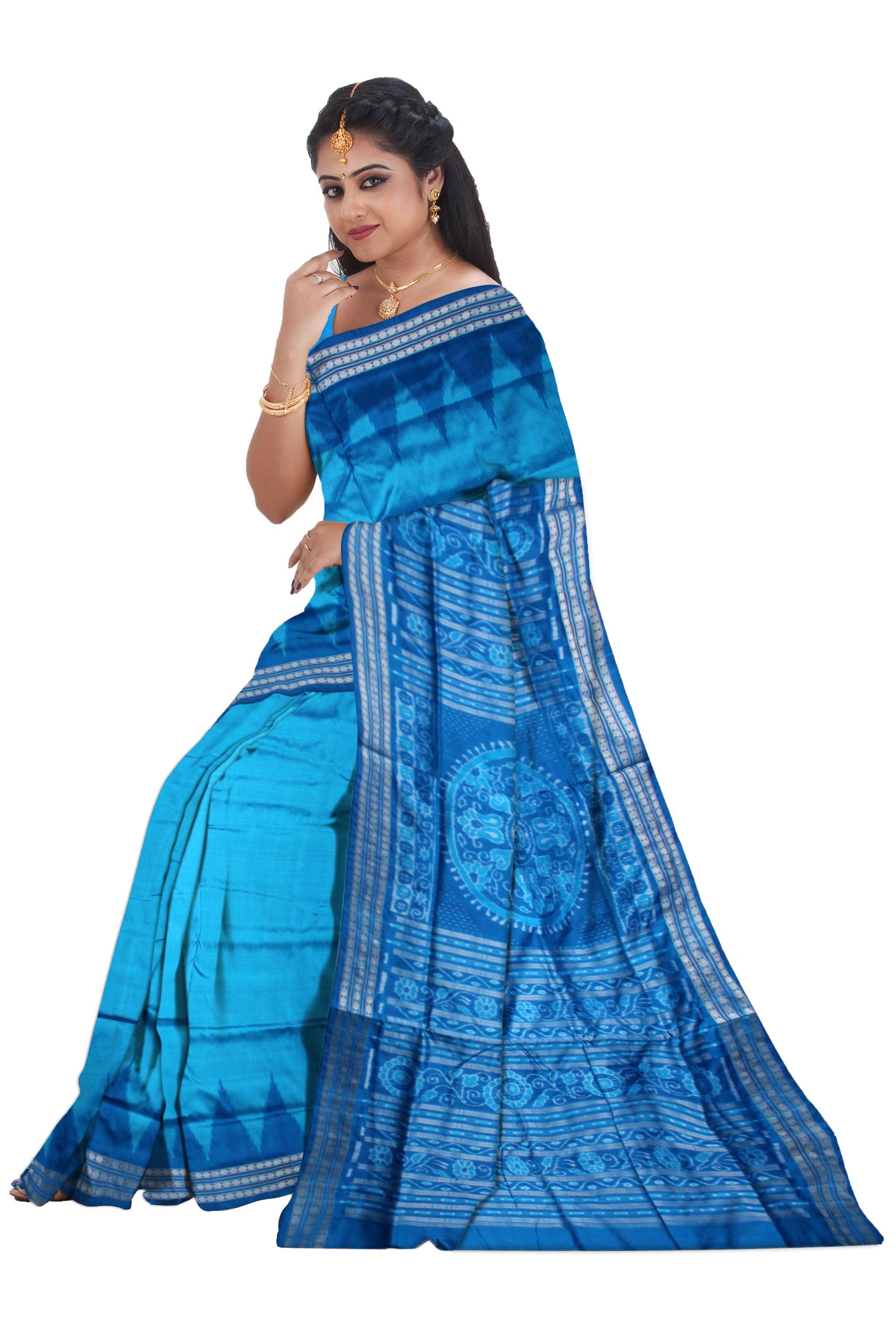SKY AND BLUE COLOR BOOTY PATTERN PATA SAREE, WITH BLOUSE PIECE. - Koshali Arts & Crafts Enterprise