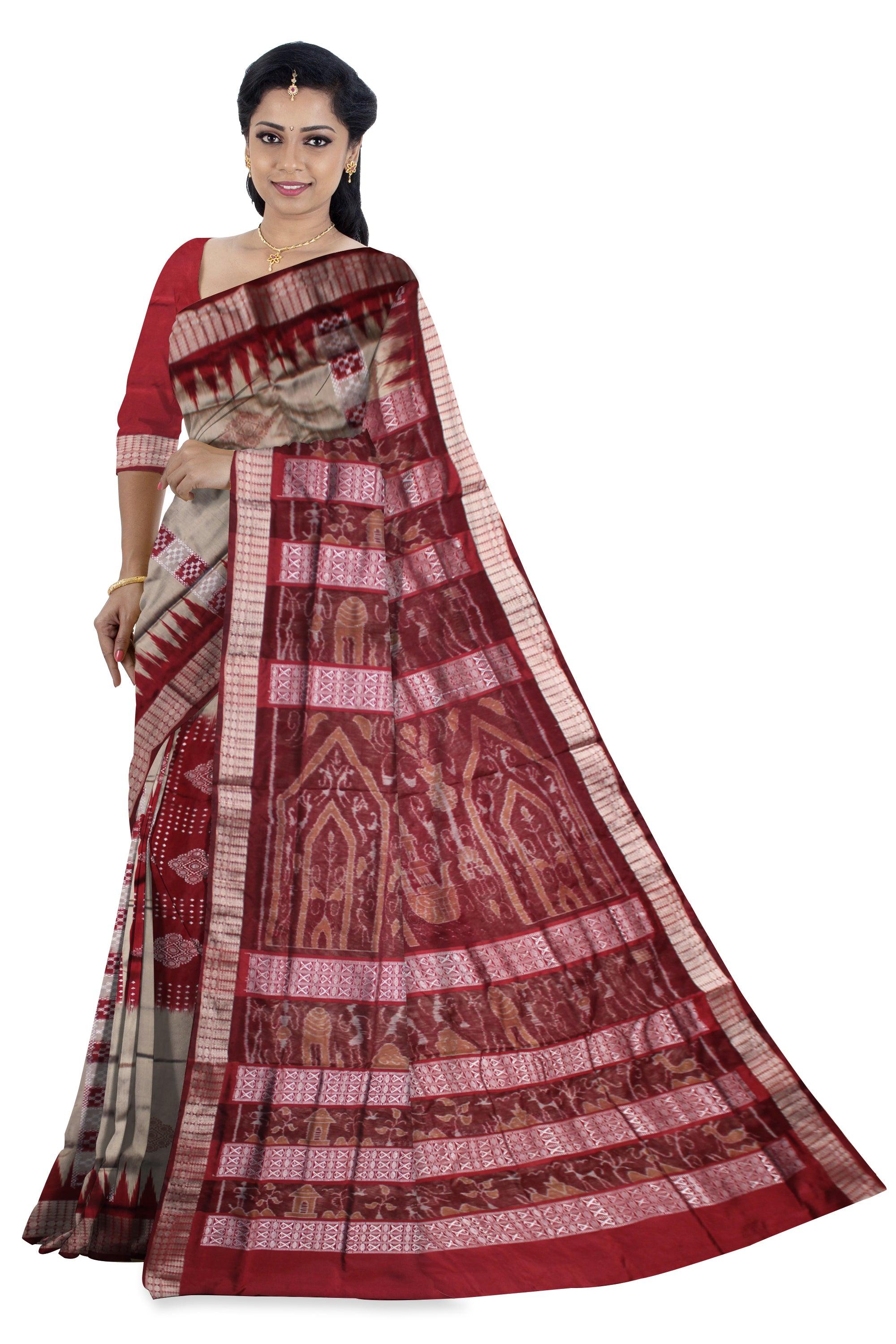 A CHANDUA DESIGN PATA SAREE IN PEACH AND RED COLOR BASE, ATTACHED WITH BLOUSE PIECE. - Koshali Arts & Crafts Enterprise