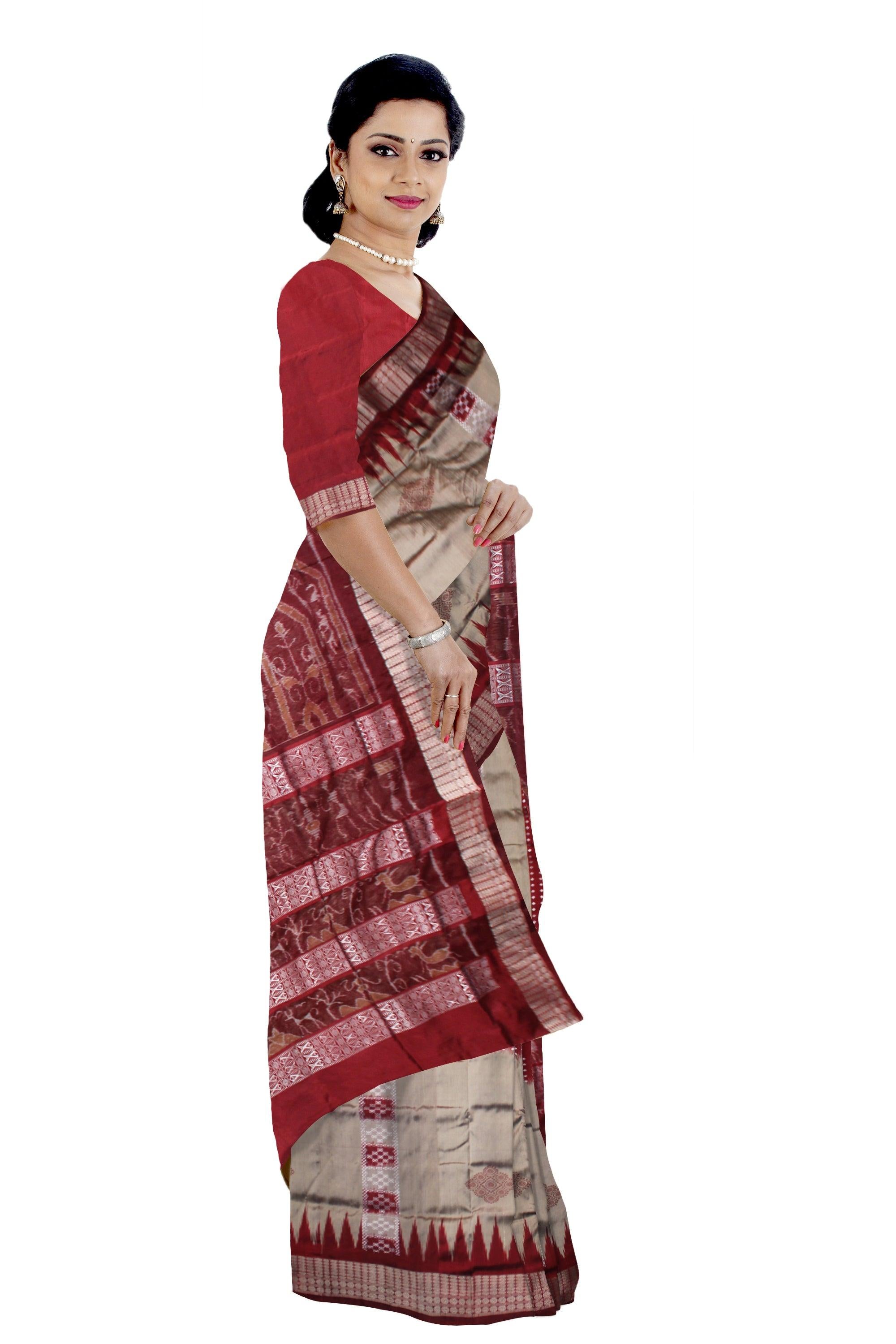 A CHANDUA DESIGN PATA SAREE IN PEACH AND RED COLOR BASE, ATTACHED WITH BLOUSE PIECE. - Koshali Arts & Crafts Enterprise