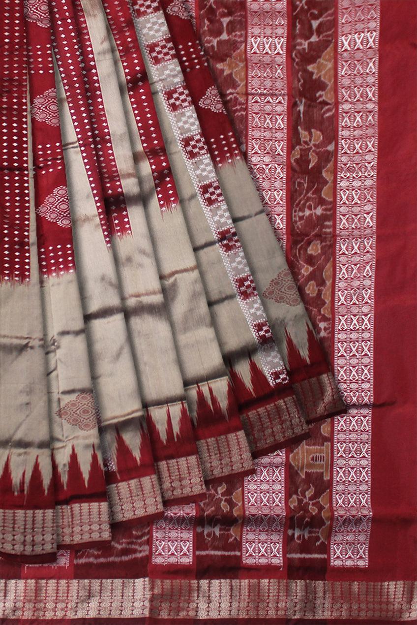 A CHANDUA DESIGN PATA SAREE IN PEACH AND RED COLOR BASE, ATTACHED WITH BLOUSE PIECE. - Koshali Arts & Crafts Enterprise