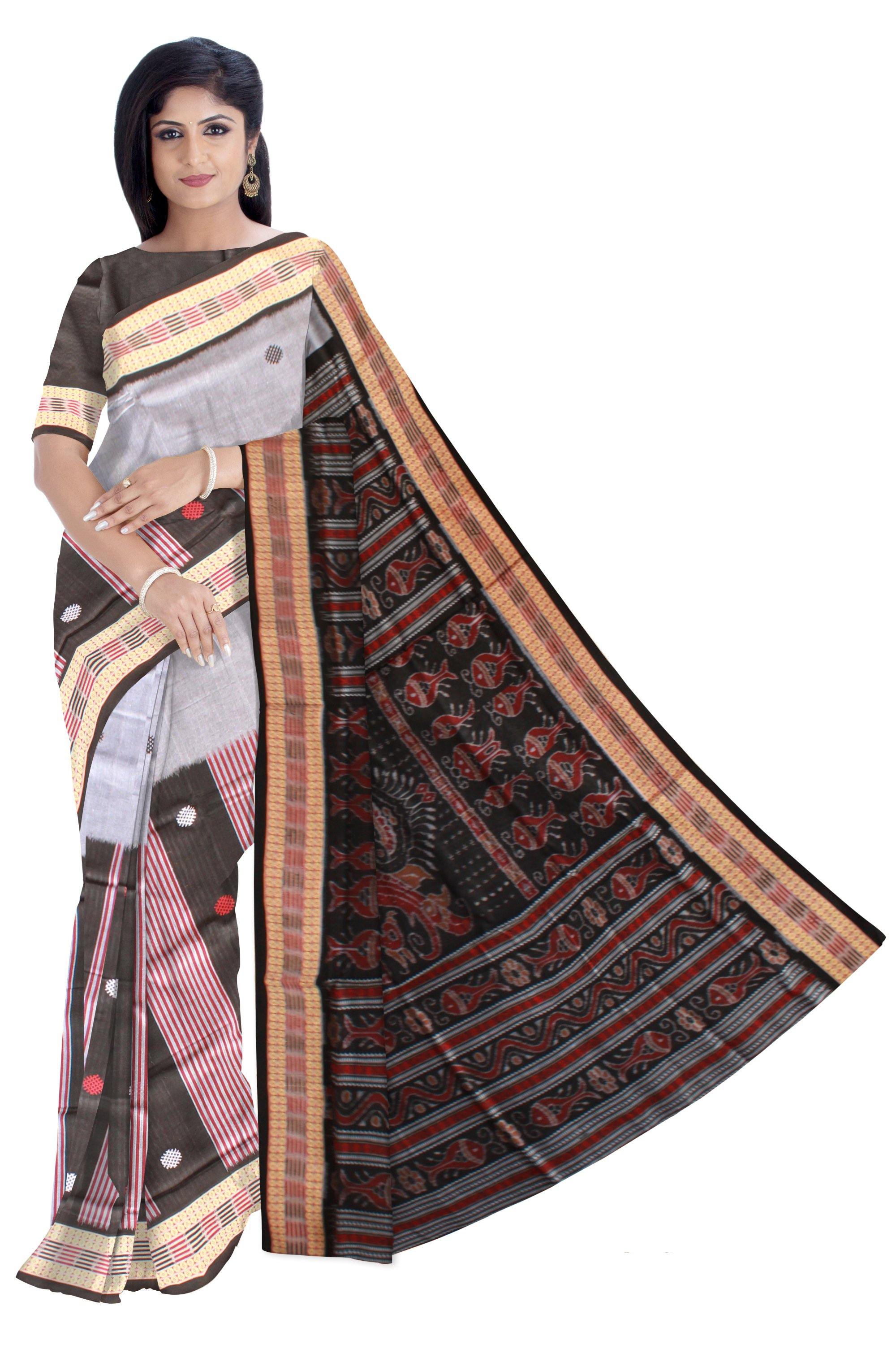 Silver and Red lining Sambalpuri saree with blouse piece. - Koshali Arts & Crafts Enterprise
