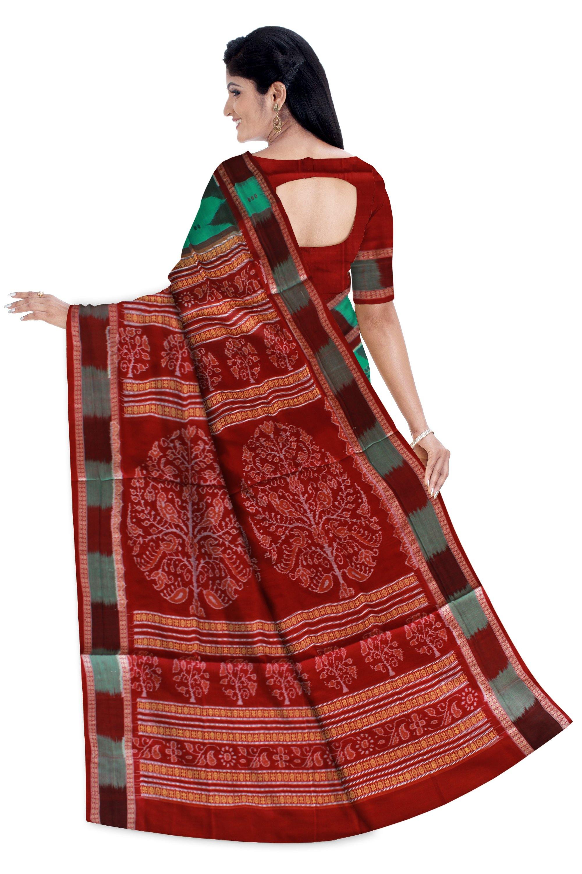 Green and brown mix Box pattren Sambalpuri saree with blouse piece. - Koshali Arts & Crafts Enterprise