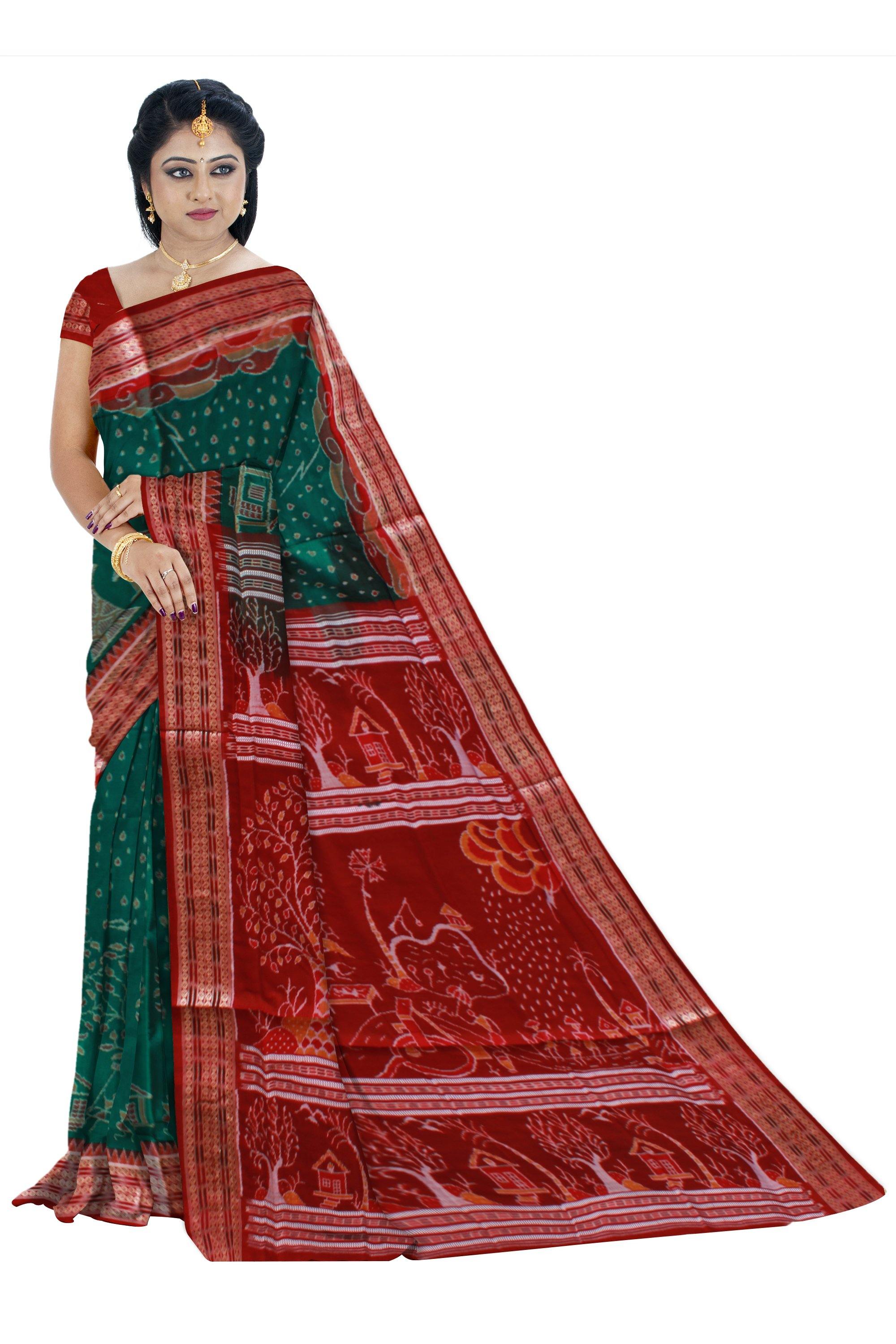 Beautiful Rainy Day scenery print sambalpuri saree in green color. With blouse piece - Koshali Arts & Crafts Enterprise