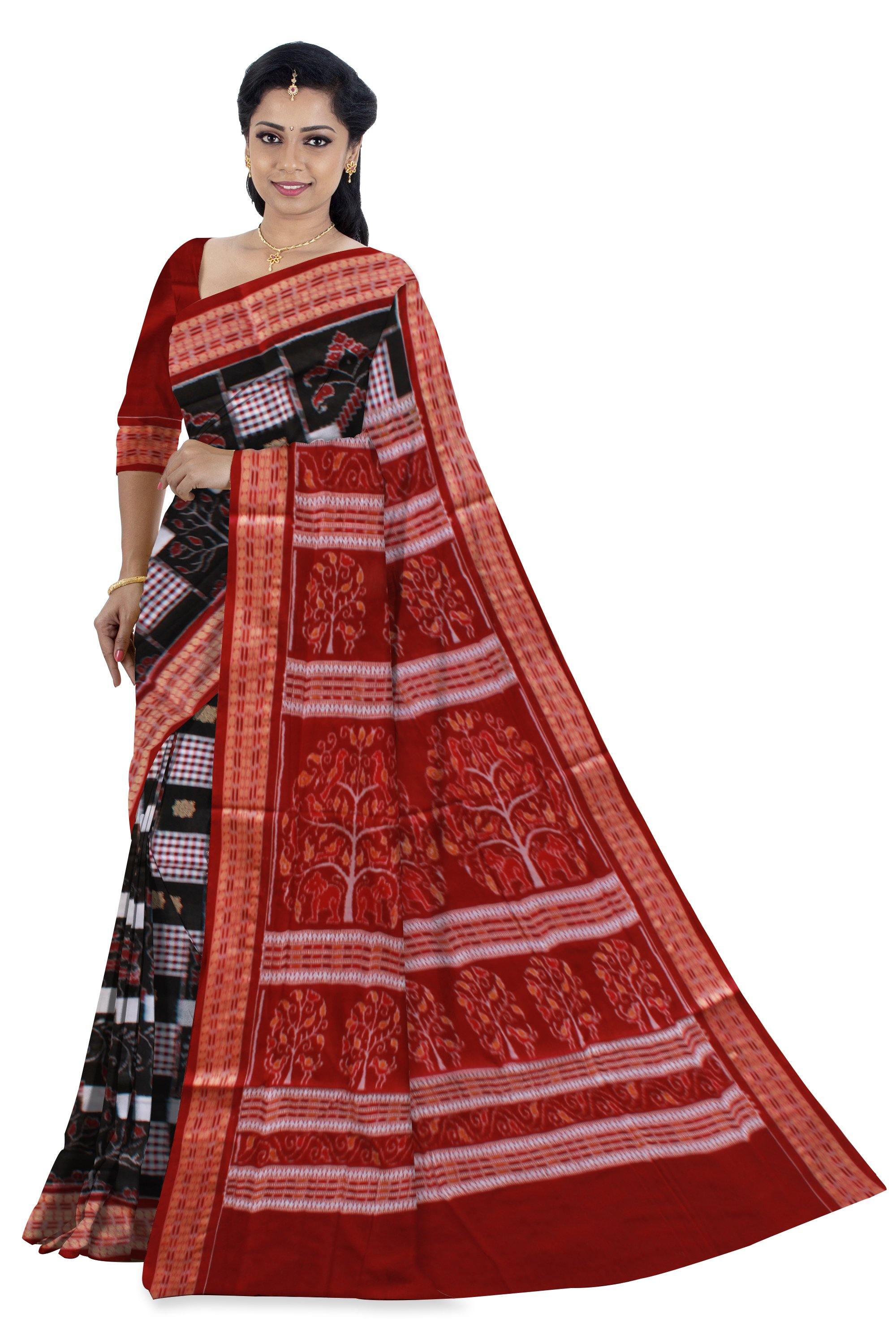 Box pattern Bomkei Sambalpuri saree in black color with blouse piece. - Koshali Arts & Crafts Enterprise