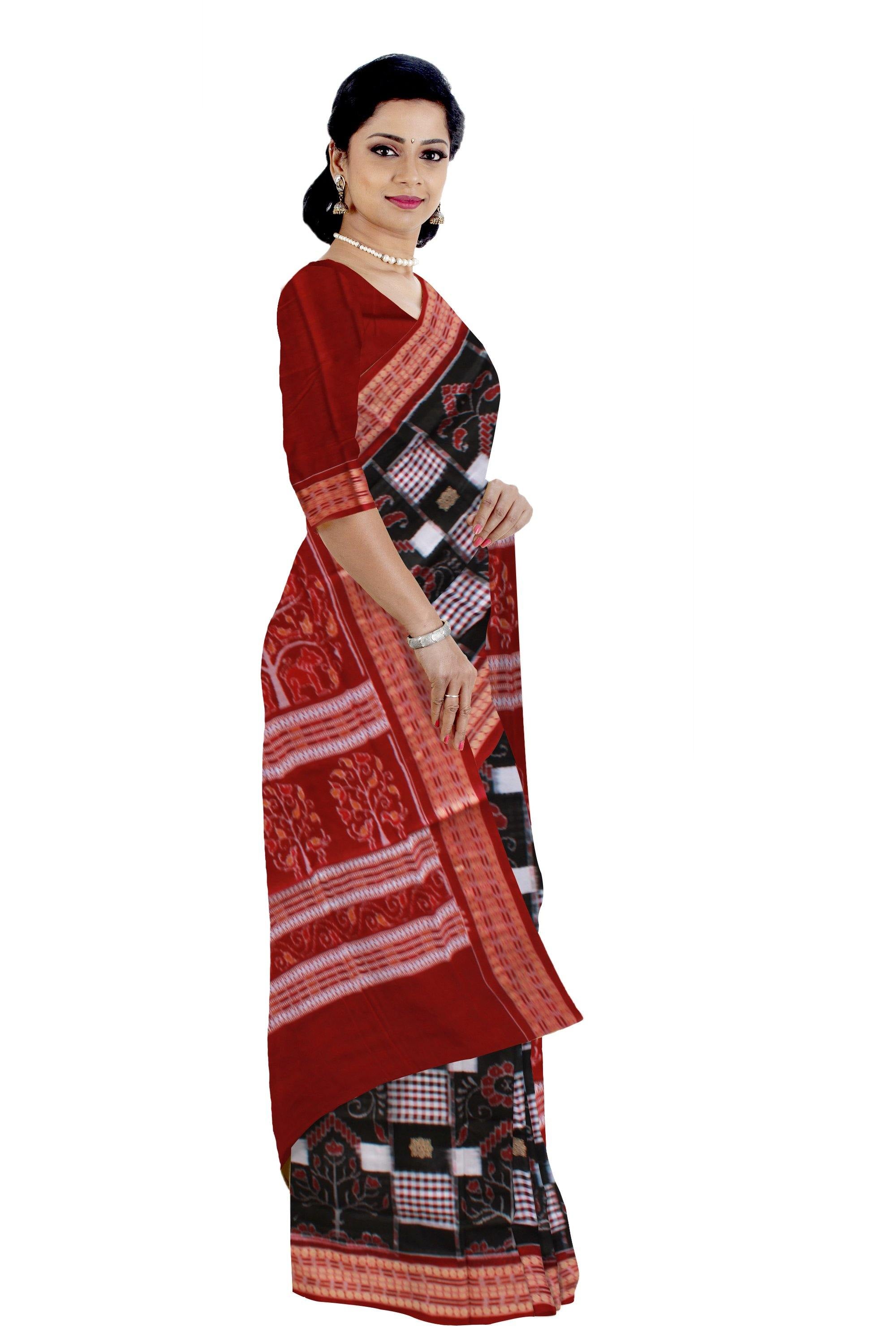 Box pattern Bomkei Sambalpuri saree in black color with blouse piece. - Koshali Arts & Crafts Enterprise