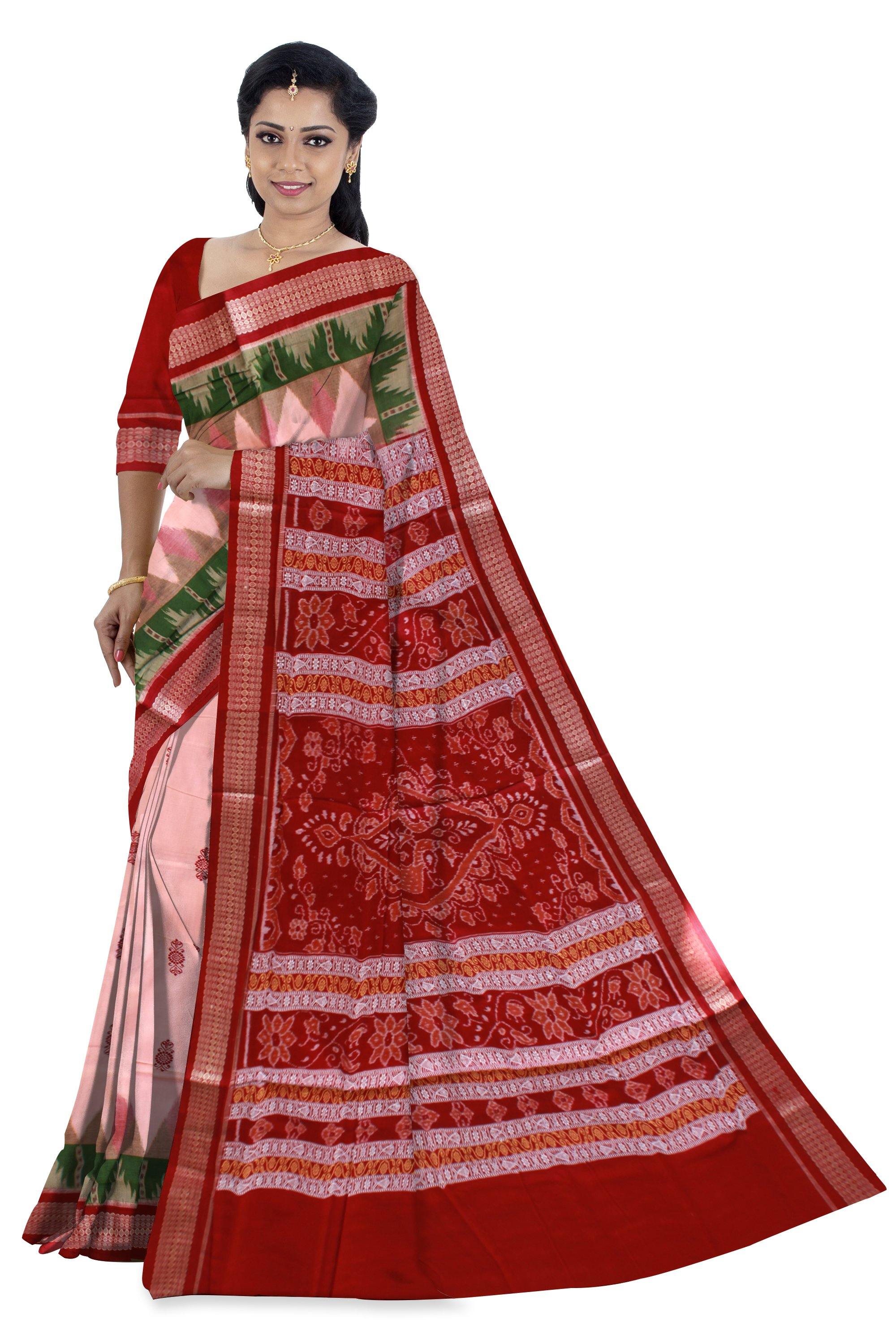 Baby pink color Bomkai flower print Sambalpuri cotton saree. - Koshali Arts & Crafts Enterprise