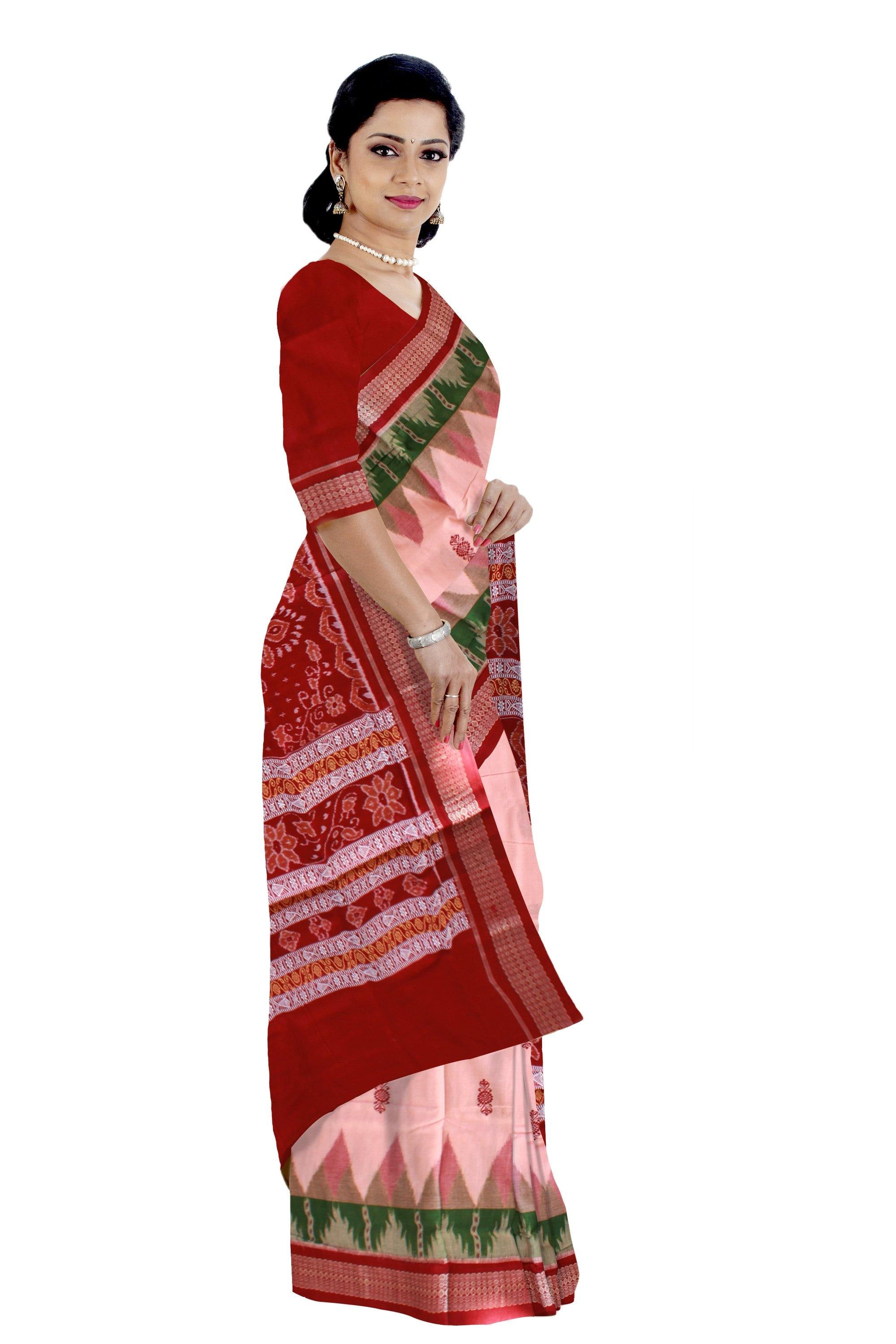 Baby pink color Bomkai flower print Sambalpuri cotton saree. - Koshali Arts & Crafts Enterprise