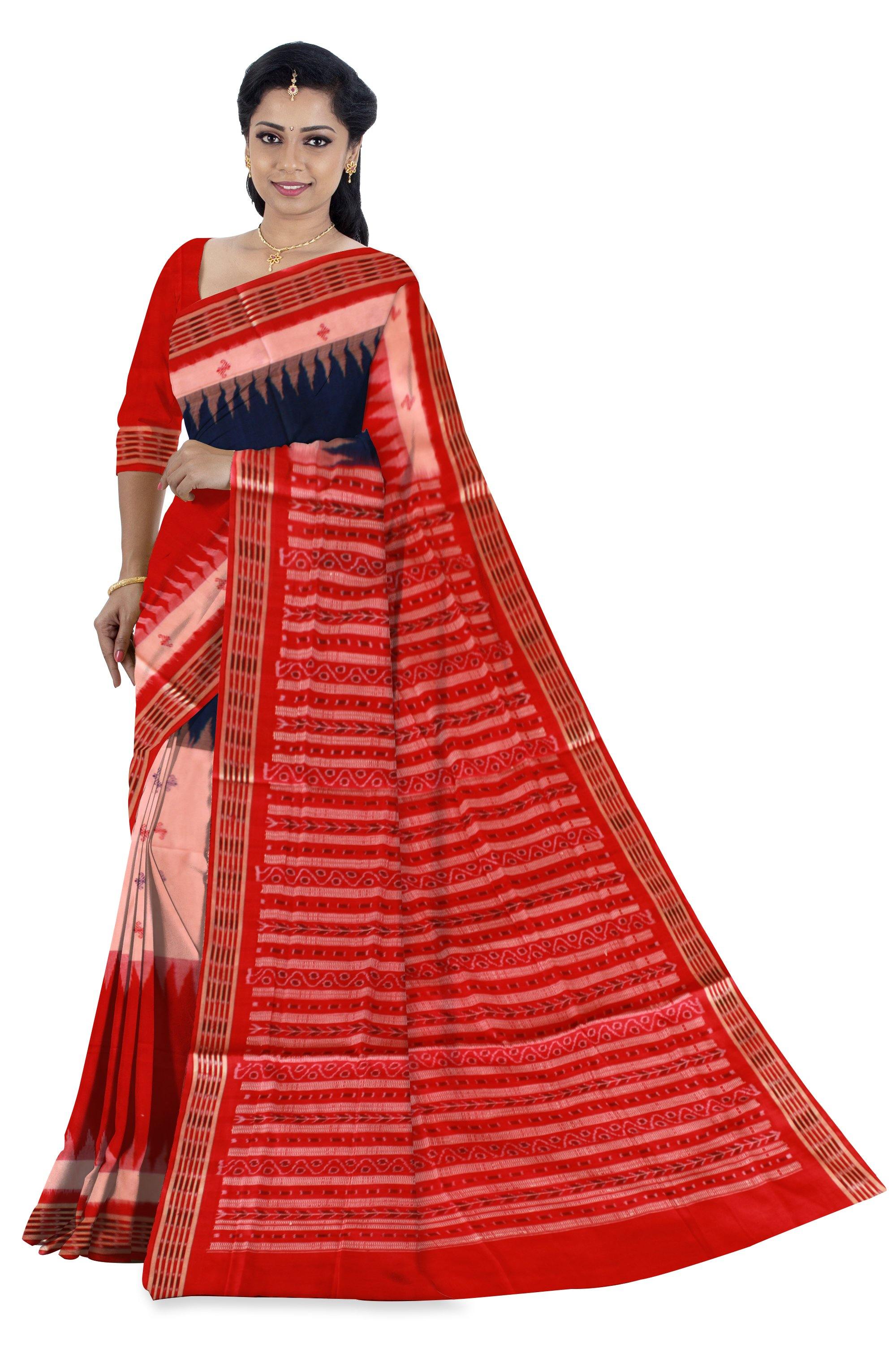 3D design Samablpuri cotton saree in red, pink and blue color. Available with blouse piece. - Koshali Arts & Crafts Enterprise