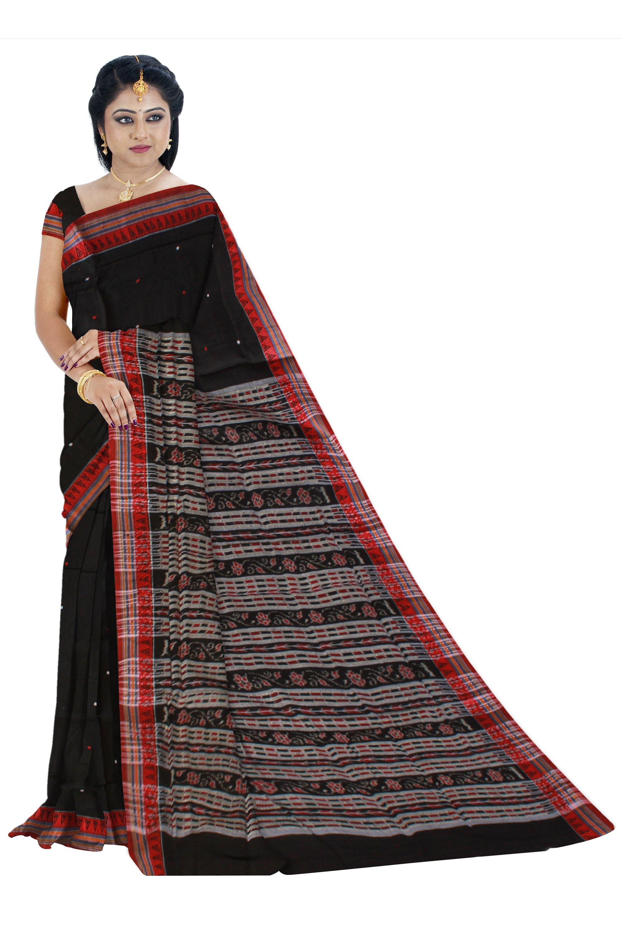 Black color buti pattern Sambalpuri cotton saree, with blouse piece - Koshali Arts & Crafts Enterprise