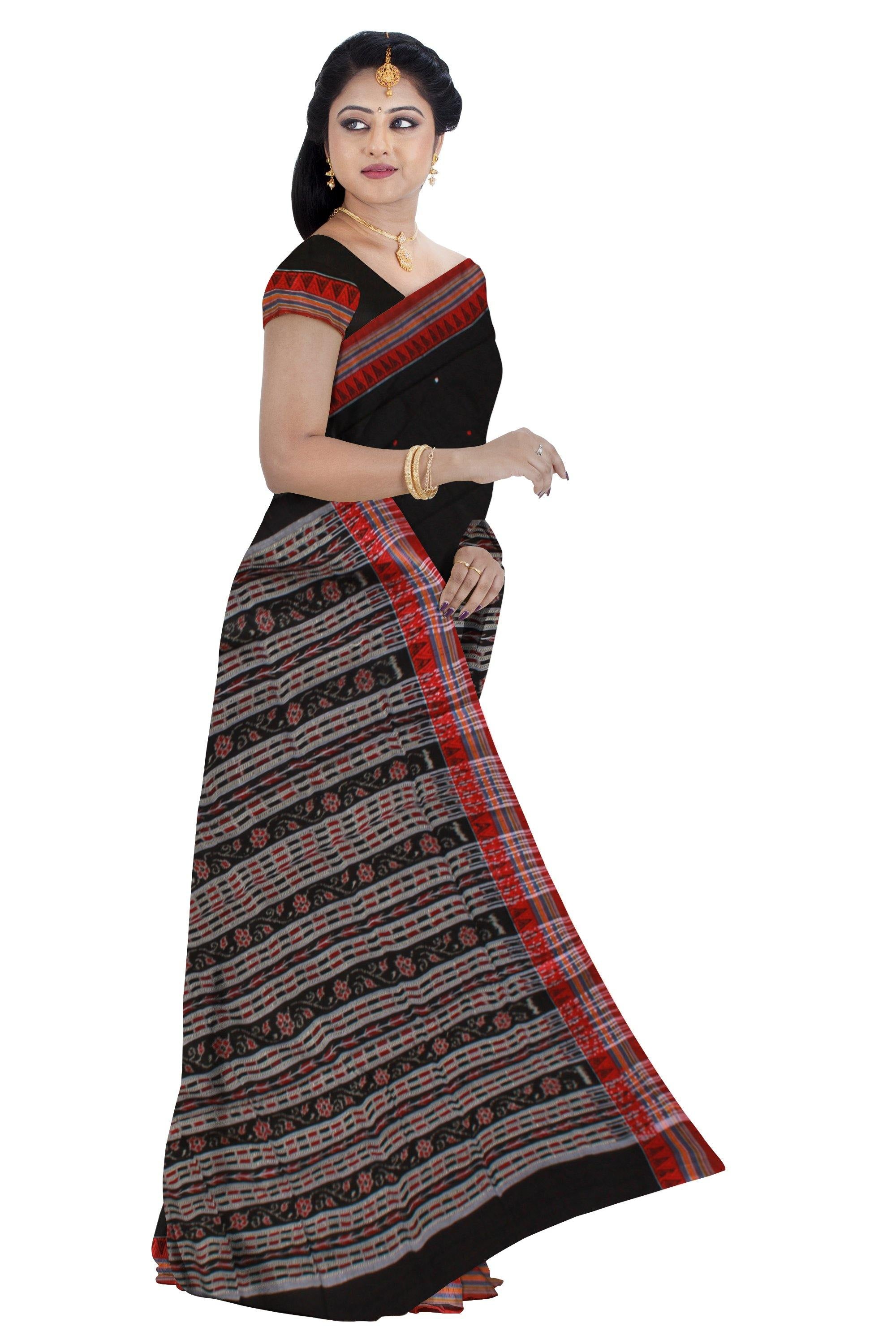 Black color buti pattern Sambalpuri cotton saree, with blouse piece - Koshali Arts & Crafts Enterprise