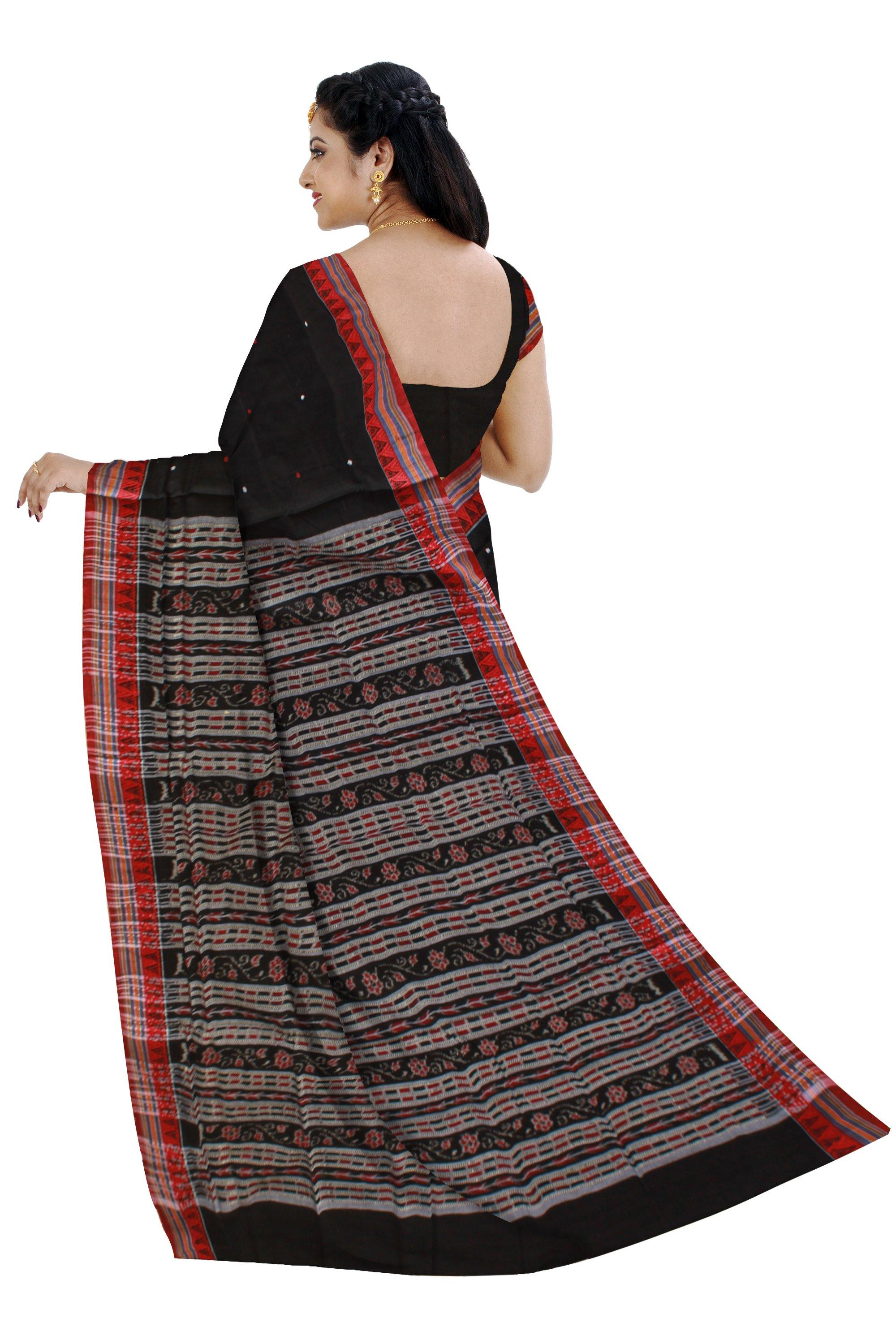 Black color buti pattern Sambalpuri cotton saree, with blouse piece - Koshali Arts & Crafts Enterprise