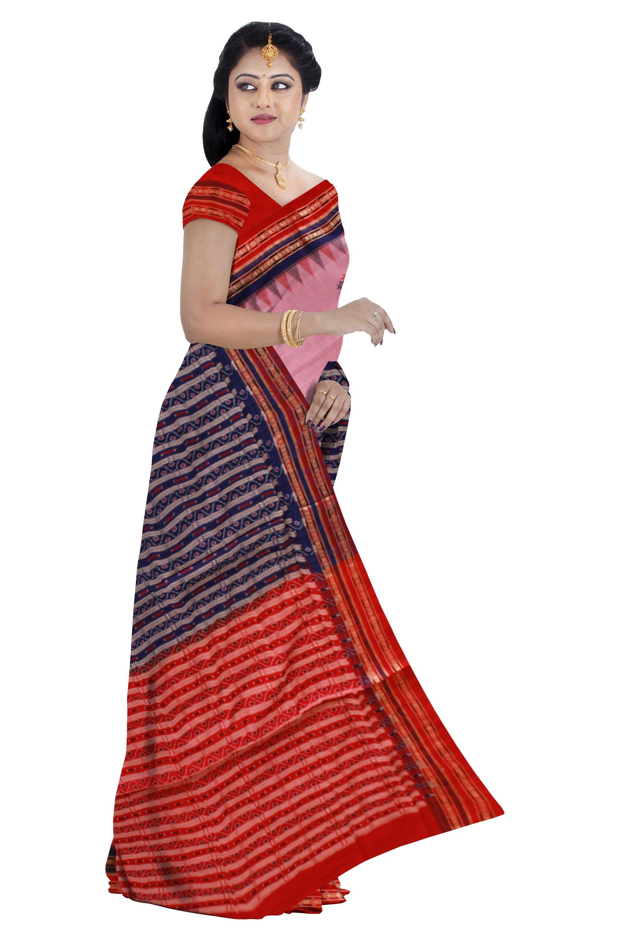 Baby Pink color flora print Sambalpuri cotton saree with blouse piece. - Koshali Arts & Crafts Enterprise