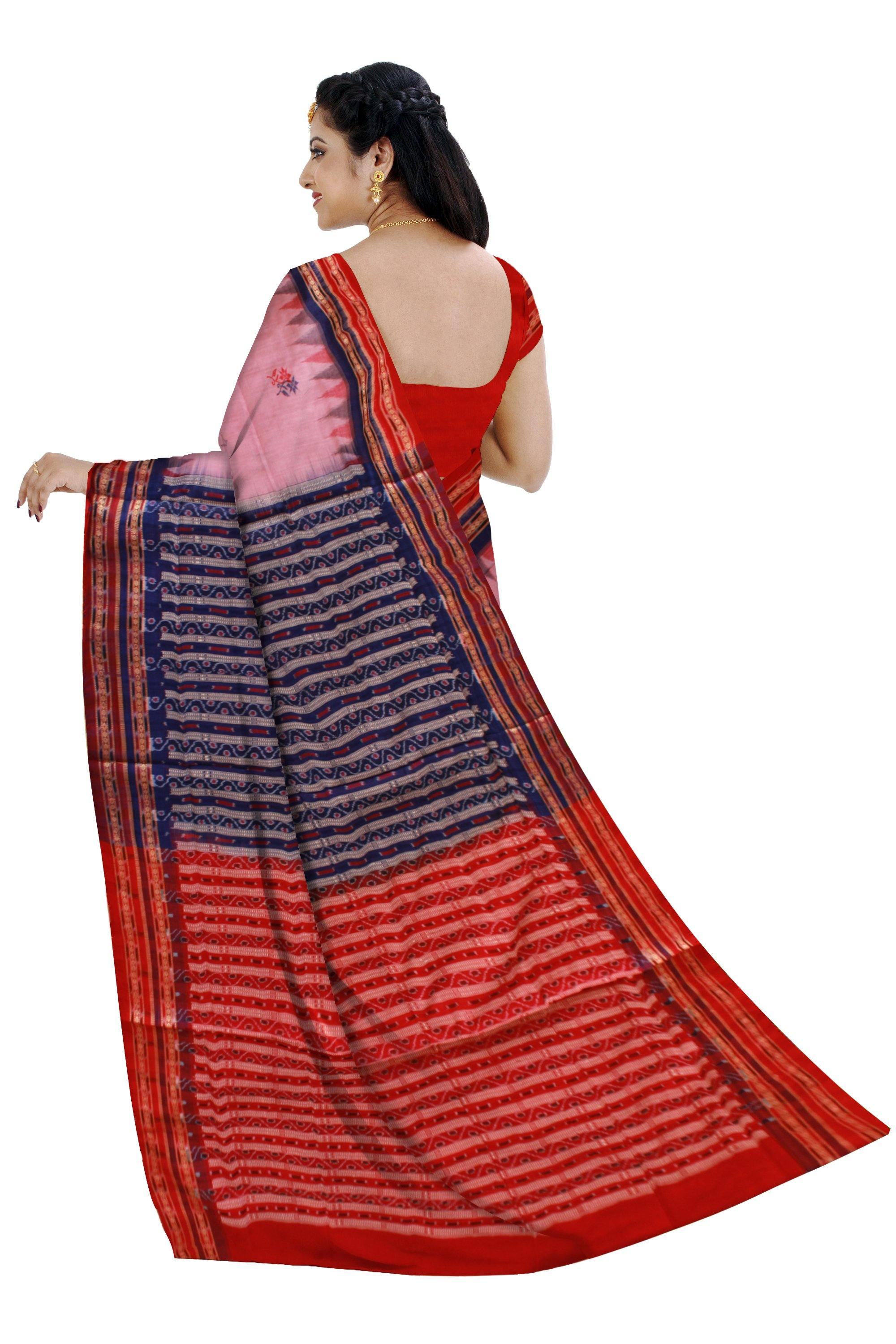 Baby Pink color flora print Sambalpuri cotton saree with blouse piece. - Koshali Arts & Crafts Enterprise