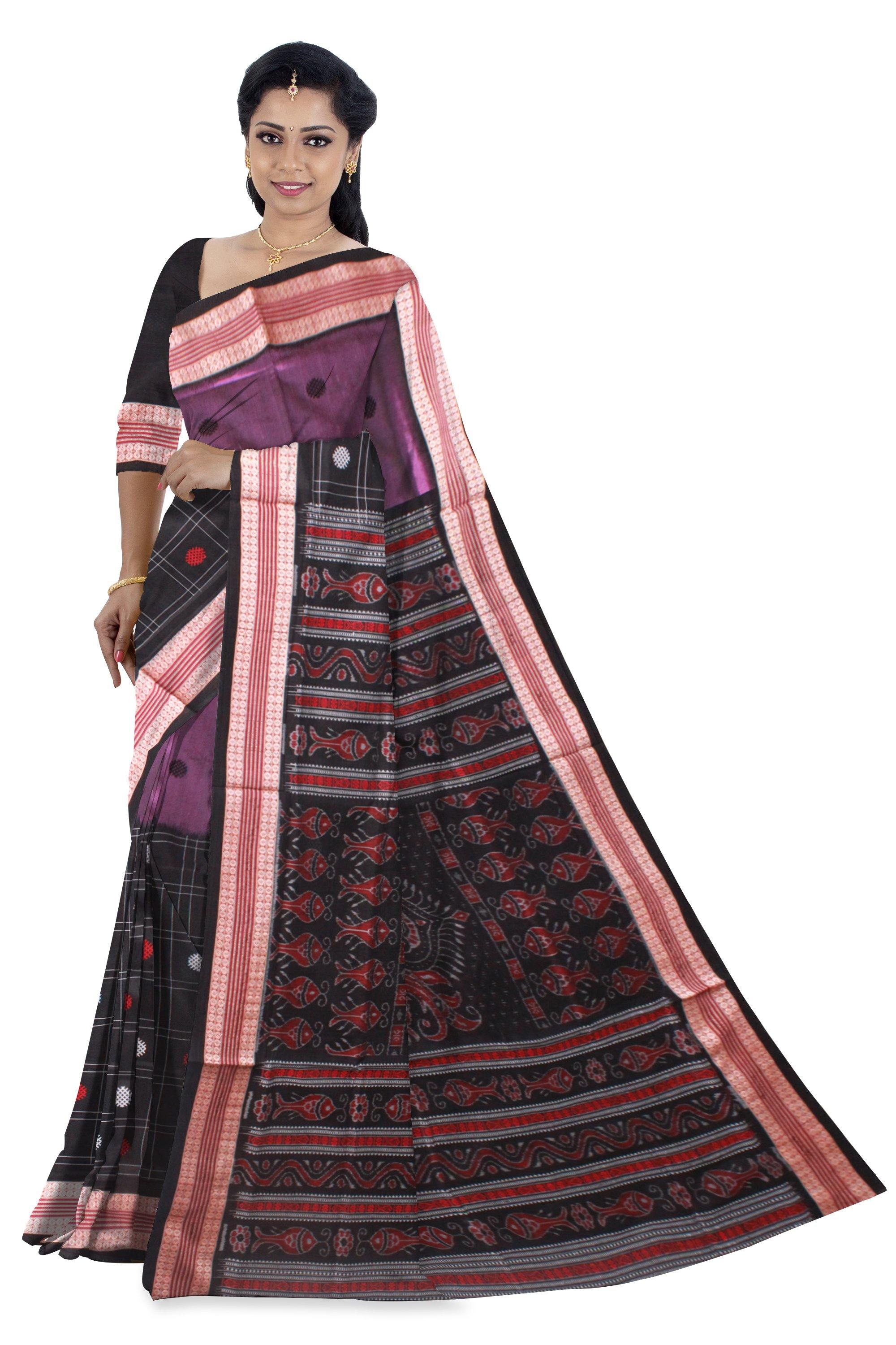 Latest design Violet and Black color Pata Bapta saree. With blouse piece. - Koshali Arts & Crafts Enterprise