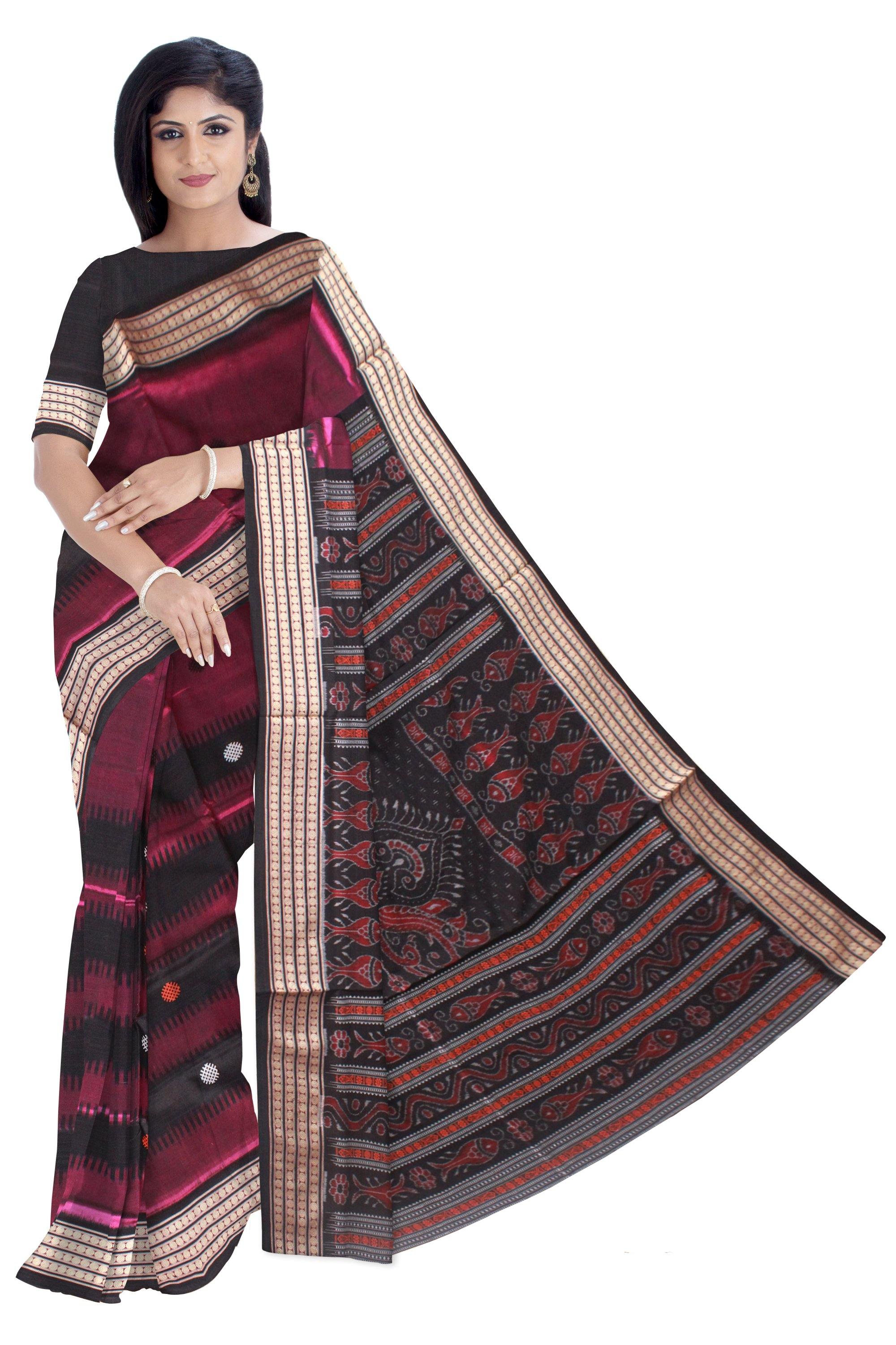 Maroon color Bomkei Pata Bapta saree with blouse piece. - Koshali Arts & Crafts Enterprise