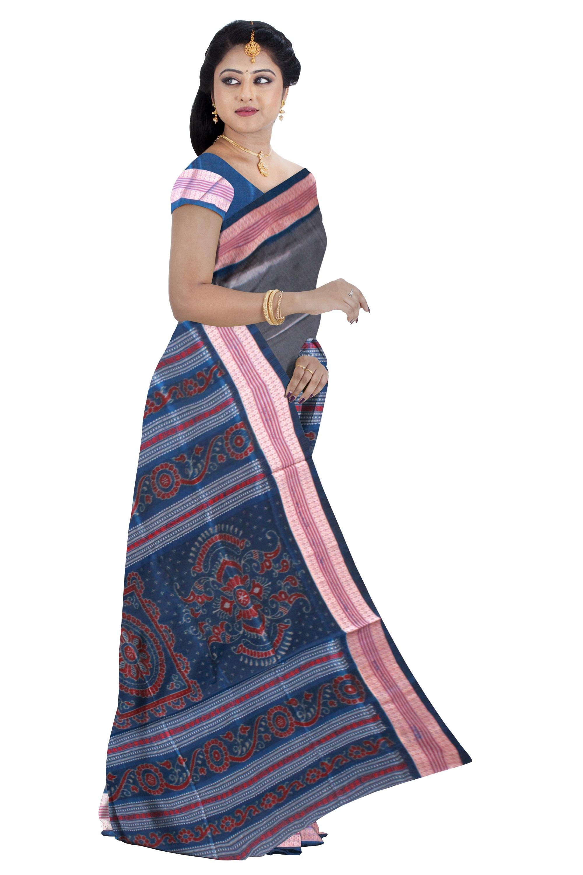 Silver color Flower Bomkei Pata Bapta saree with Blue lining. With blouse piece. - Koshali Arts & Crafts Enterprise