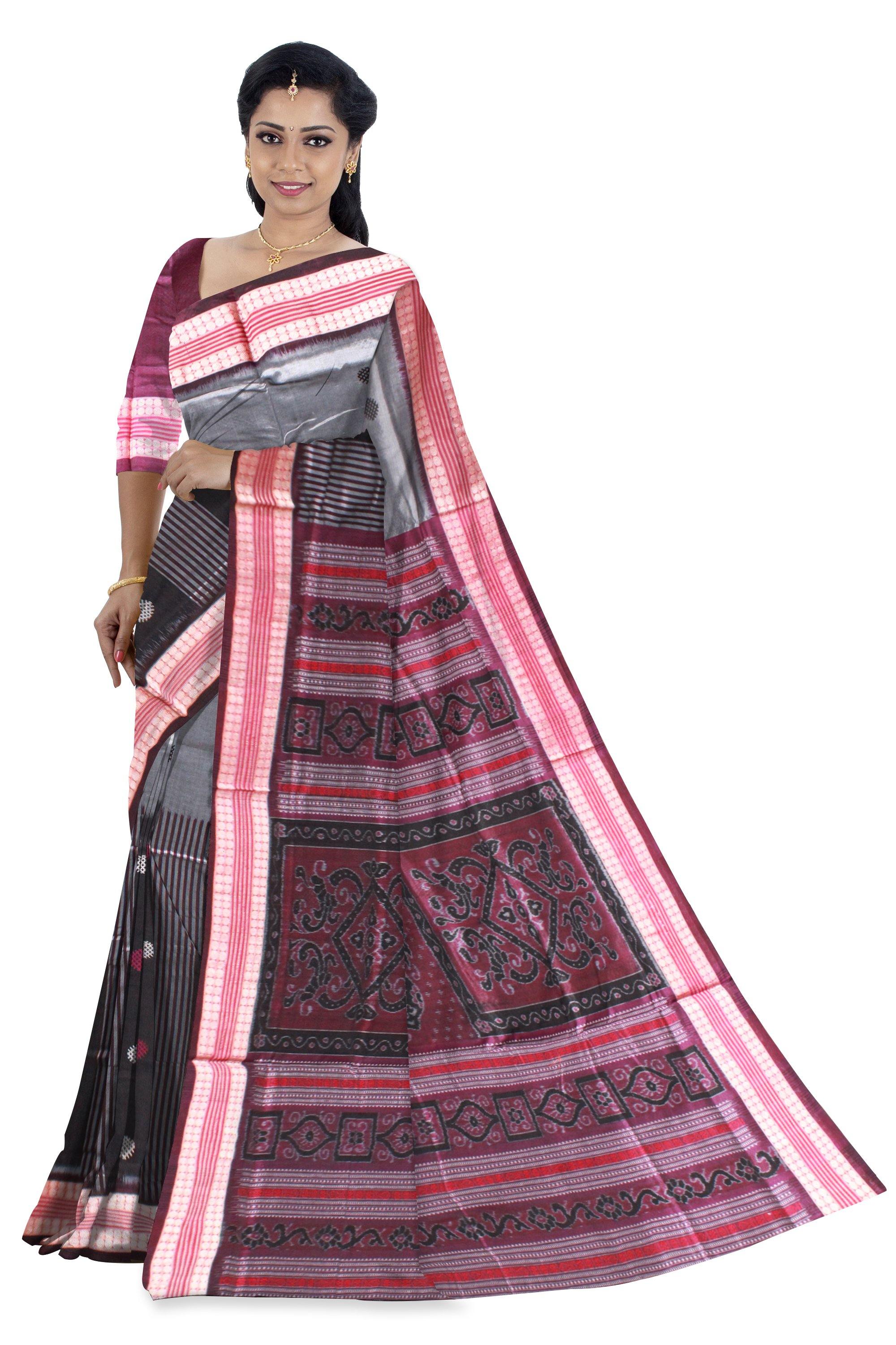 Silver color Flower Bomkei Pata Bapta saree with black lining. With blouse piece. - Koshali Arts & Crafts Enterprise