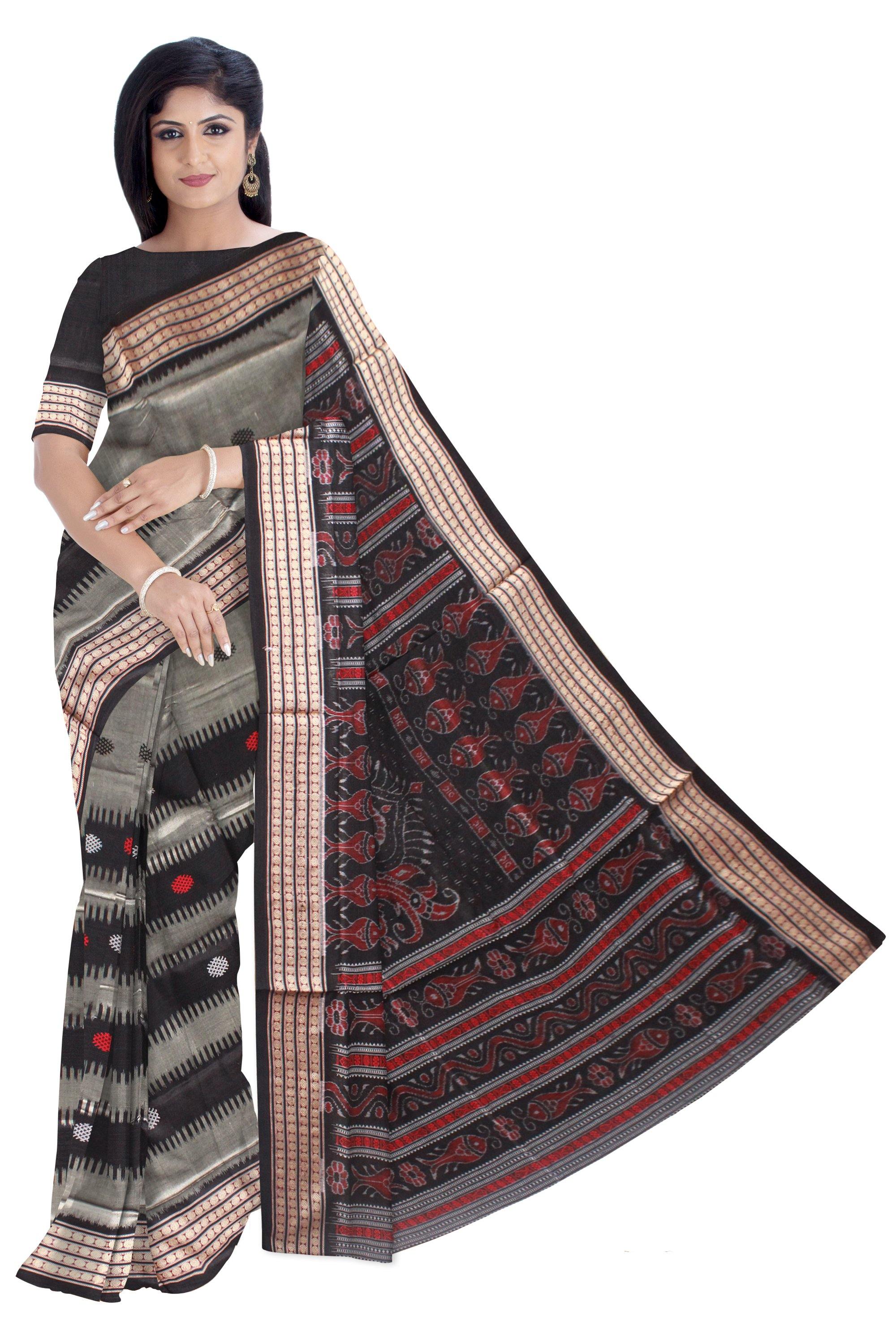 Gray color Pata bapta saree with Flower Bomkei with blouse piece. - Koshali Arts & Crafts Enterprise