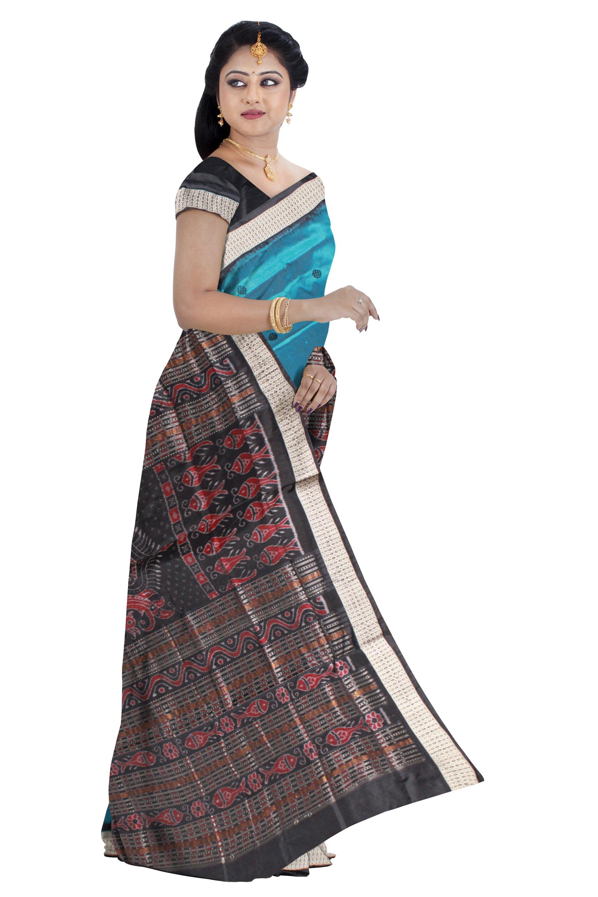 Latest design Blue collar Pata saree with Black lining with blouse piece. - Koshali Arts & Crafts Enterprise