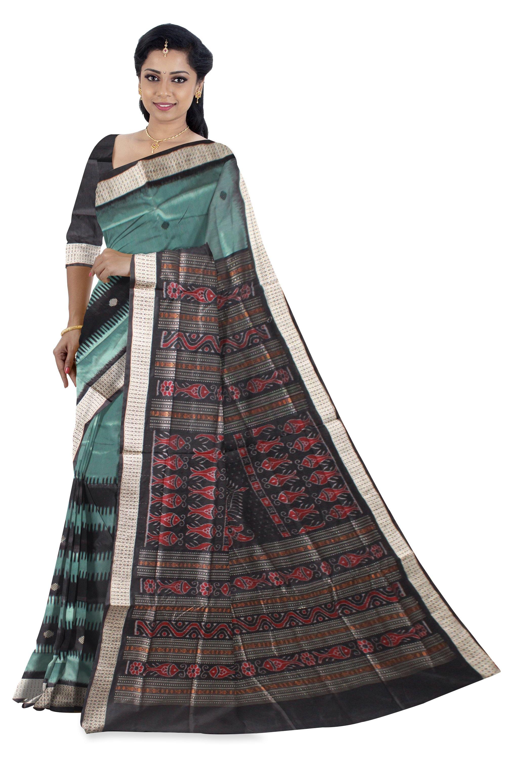 Latest design Aqua color Pata saree with Black lining with blouse piece. - Koshali Arts & Crafts Enterprise