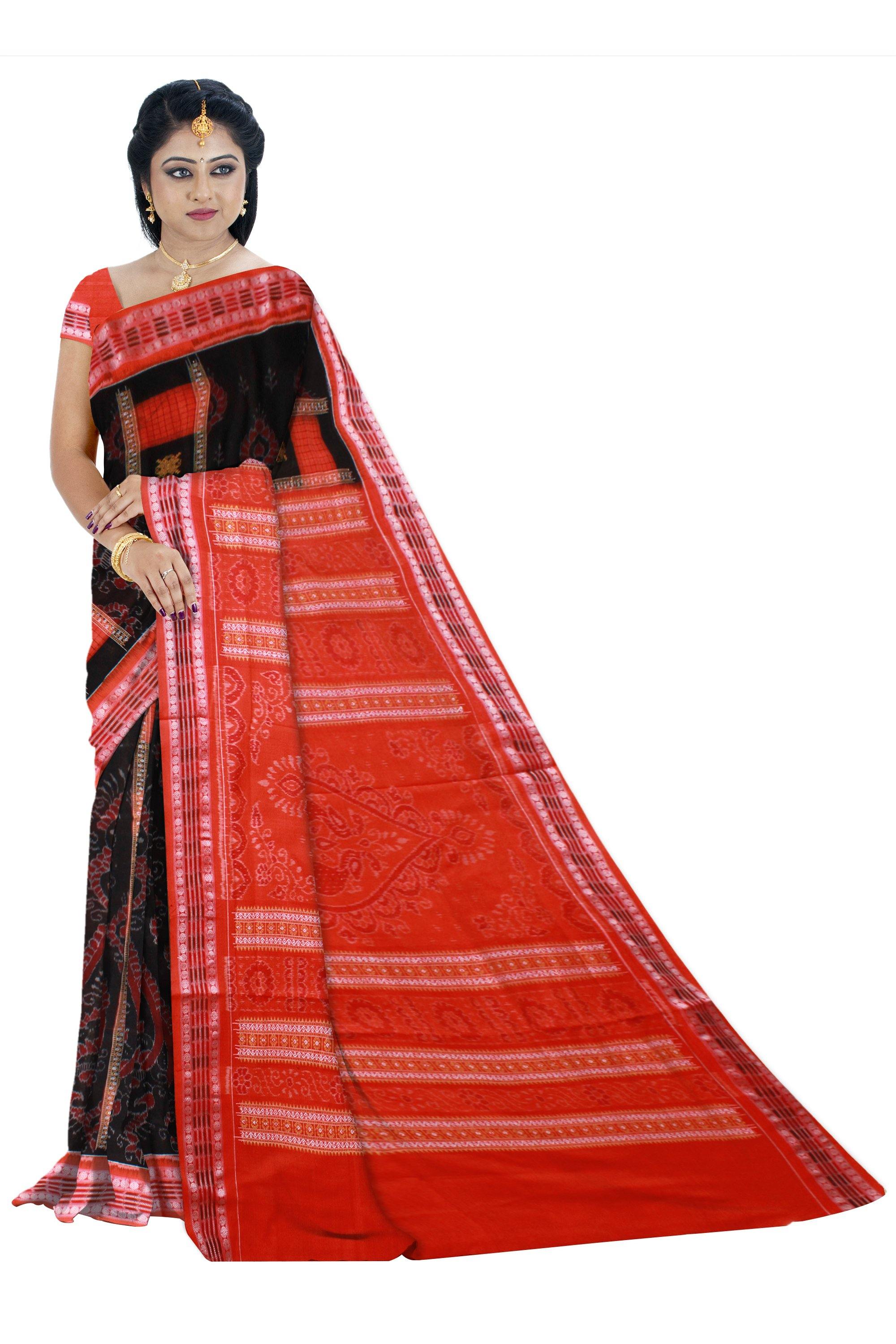 Brown color box pattern Cotton saree with blouse piece - Koshali Arts & Crafts Enterprise
