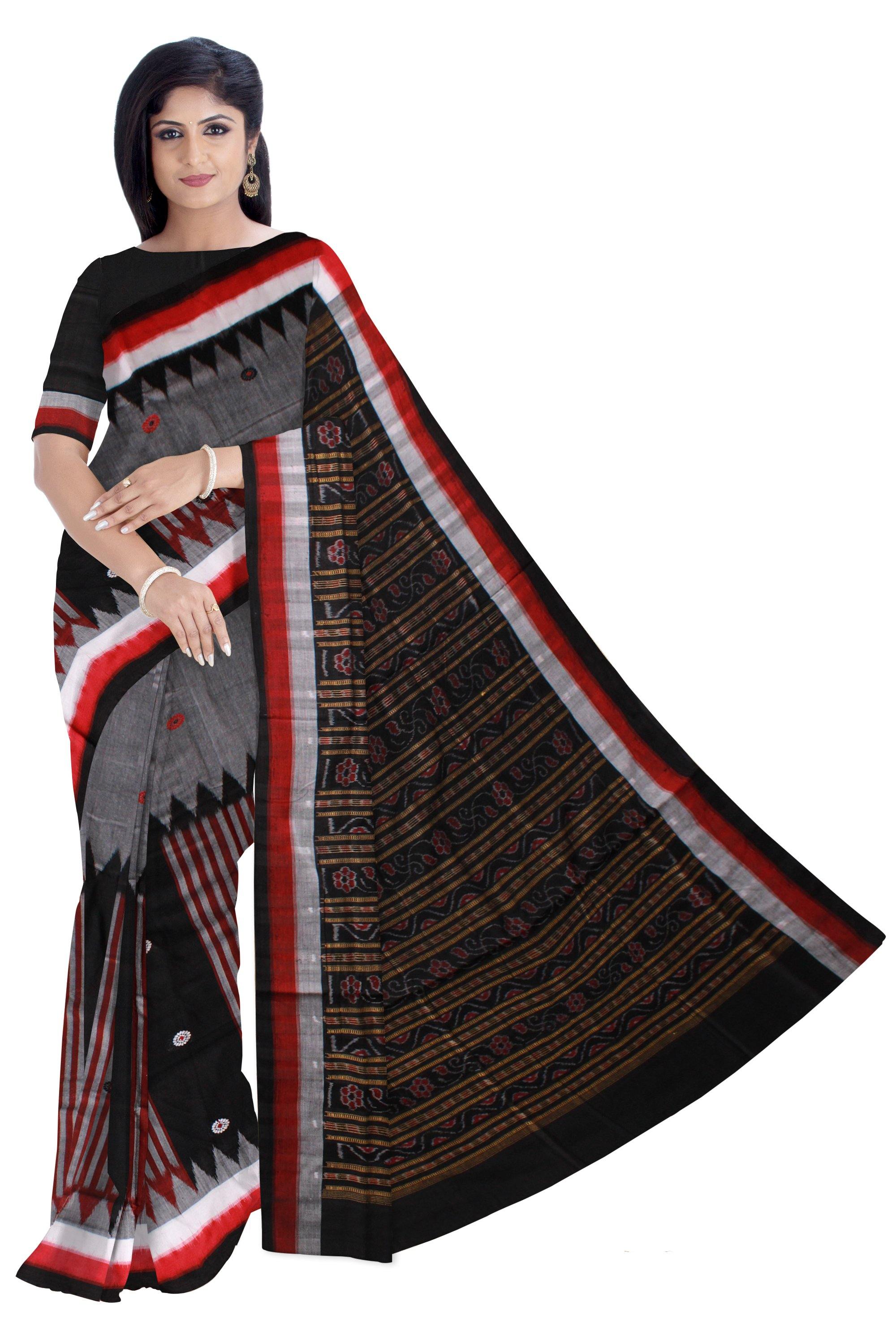 Gray color Sambalpuri cotton saree with red lining with blouse piece. - Koshali Arts & Crafts Enterprise