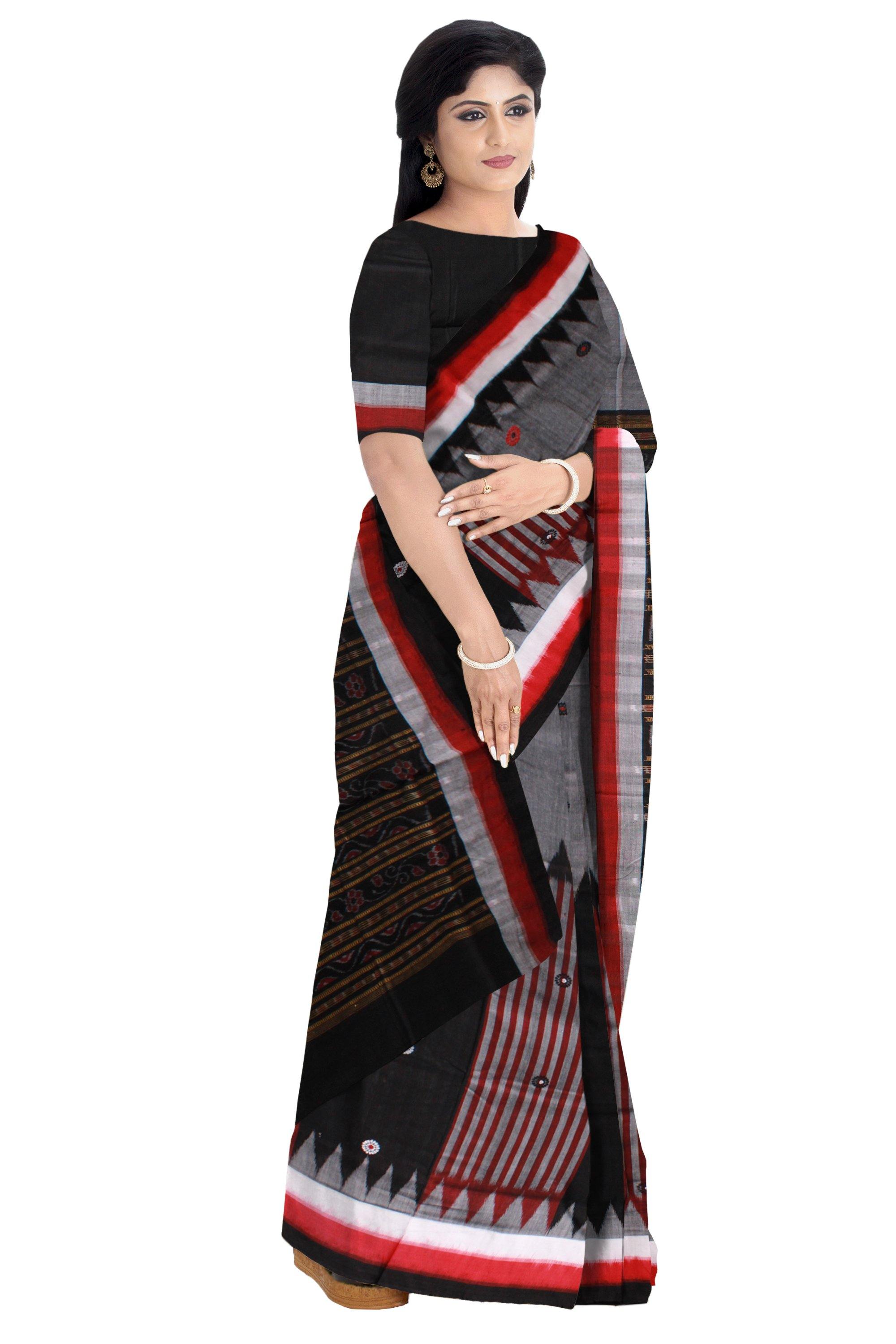 Gray color Sambalpuri cotton saree with red lining with blouse piece. - Koshali Arts & Crafts Enterprise
