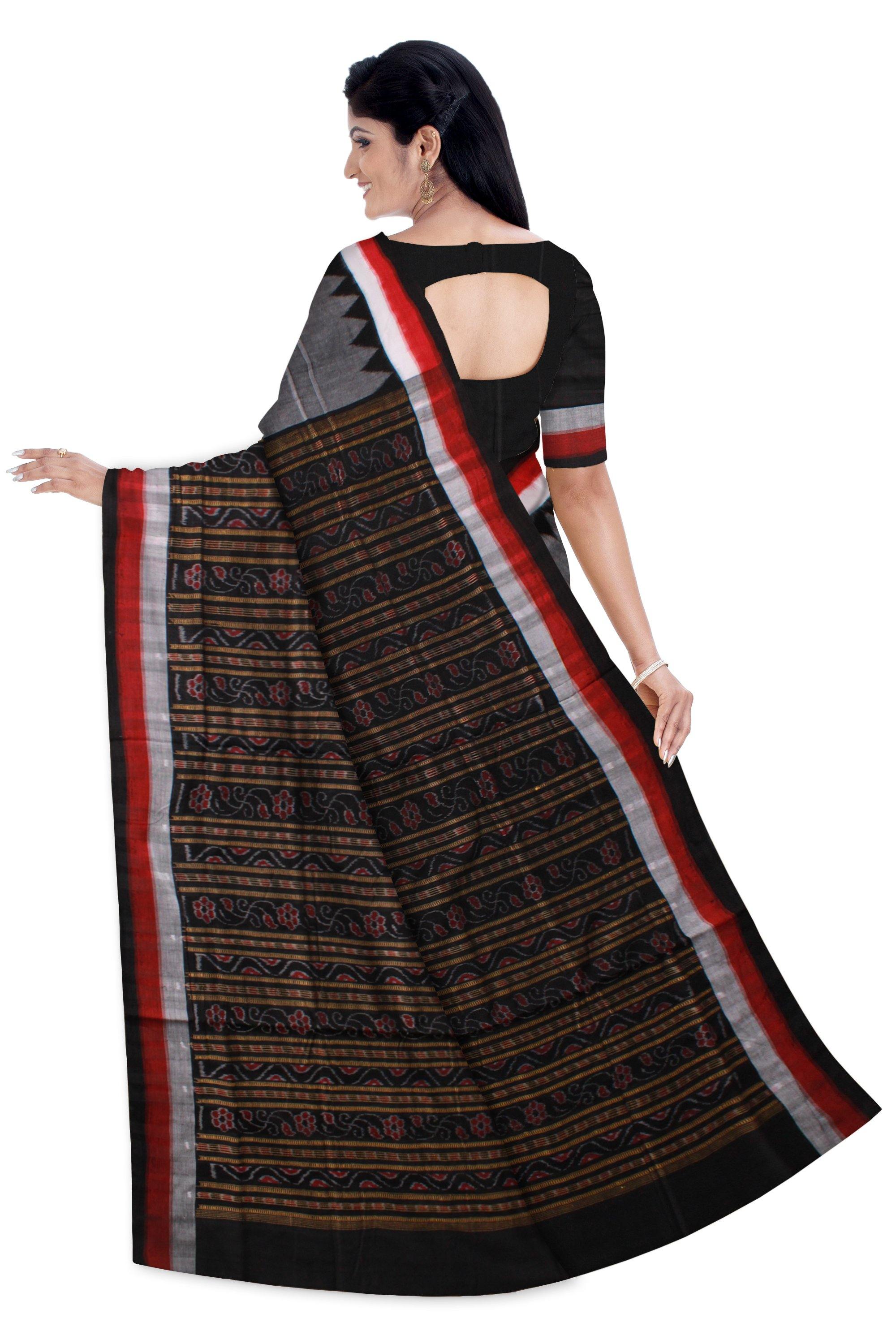 Gray color Sambalpuri cotton saree with red lining with blouse piece. - Koshali Arts & Crafts Enterprise