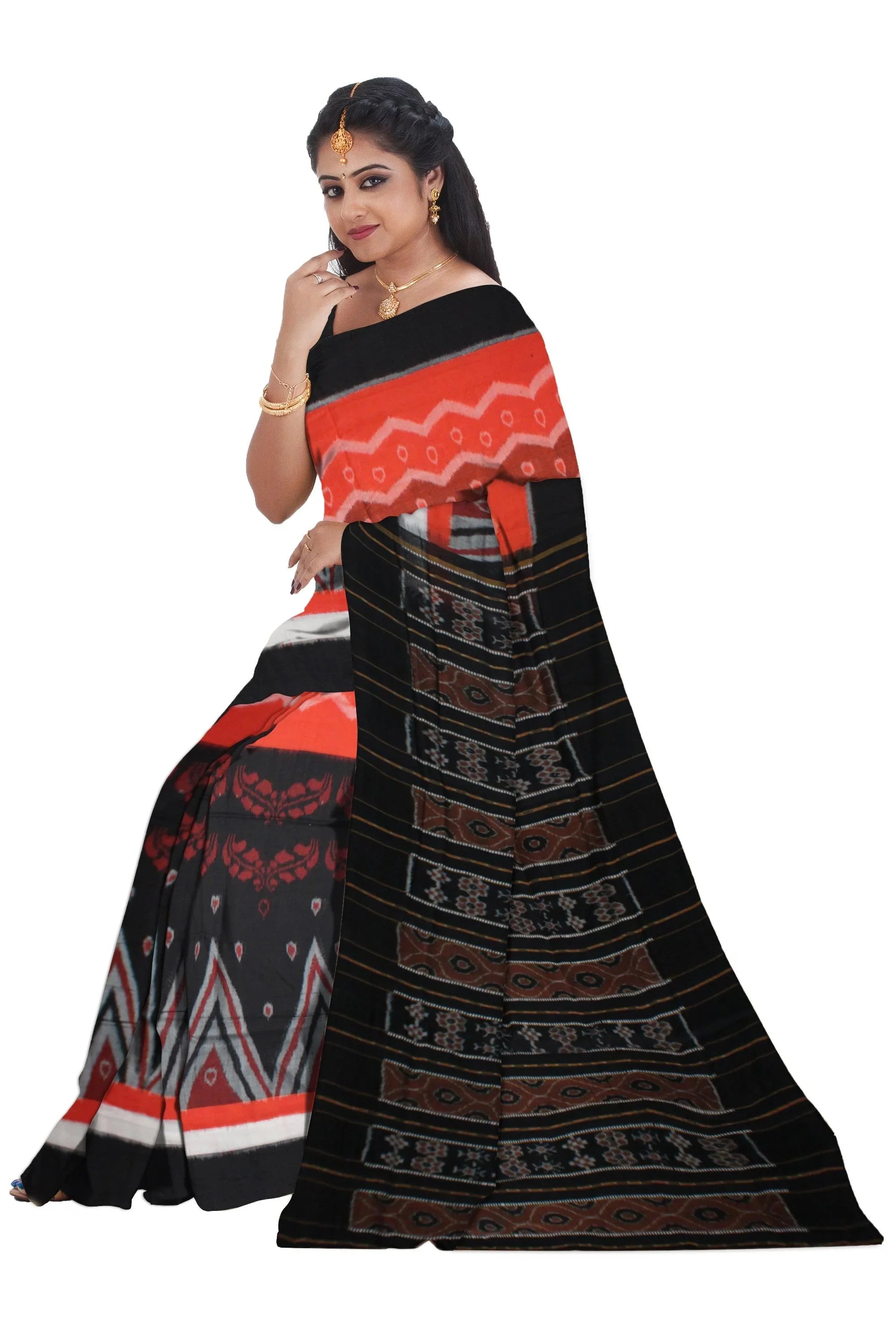 Orange and Black color Kumbha design Sambalpuri  Cotton saree with blouse piece. - Koshali Arts & Crafts Enterprise