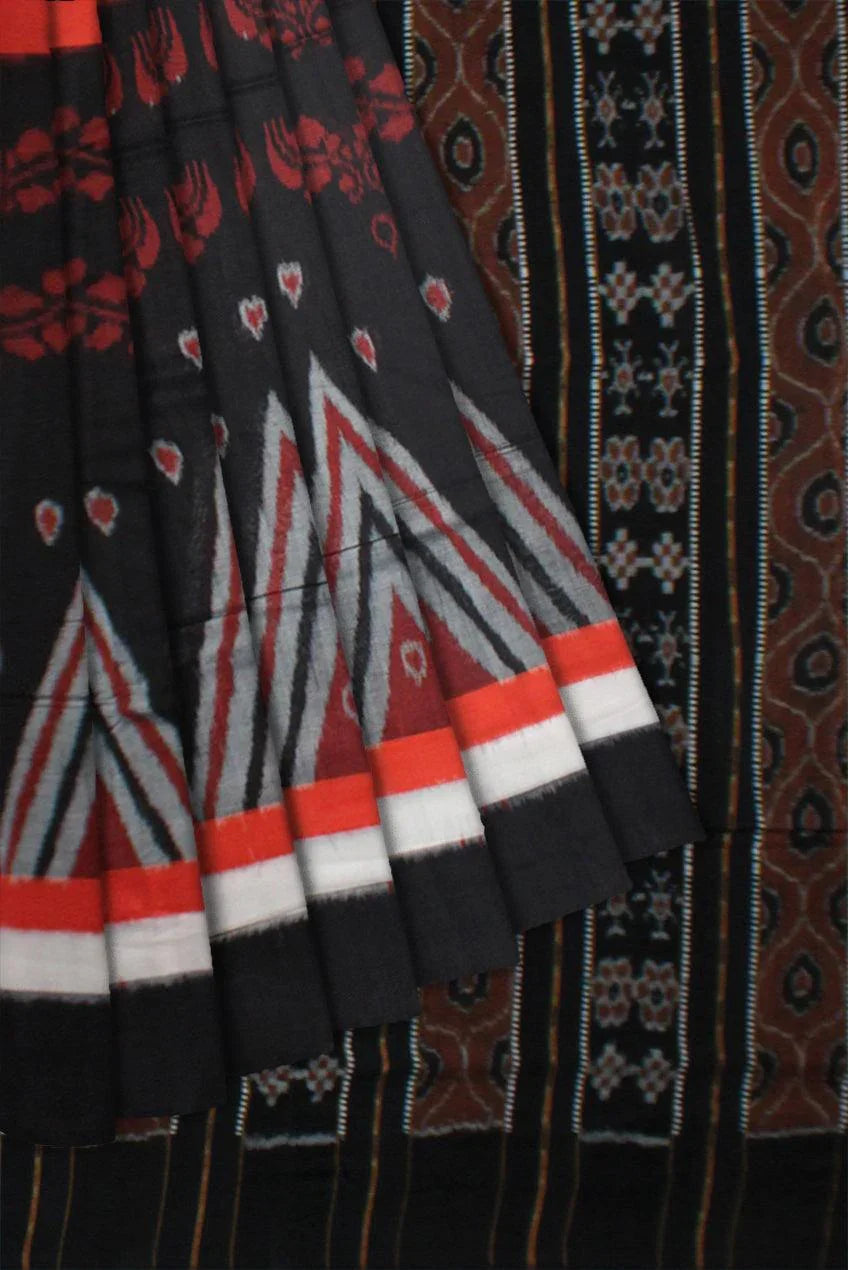 Orange and Black color Kumbha design Sambalpuri  Cotton saree with blouse piece. - Koshali Arts & Crafts Enterprise