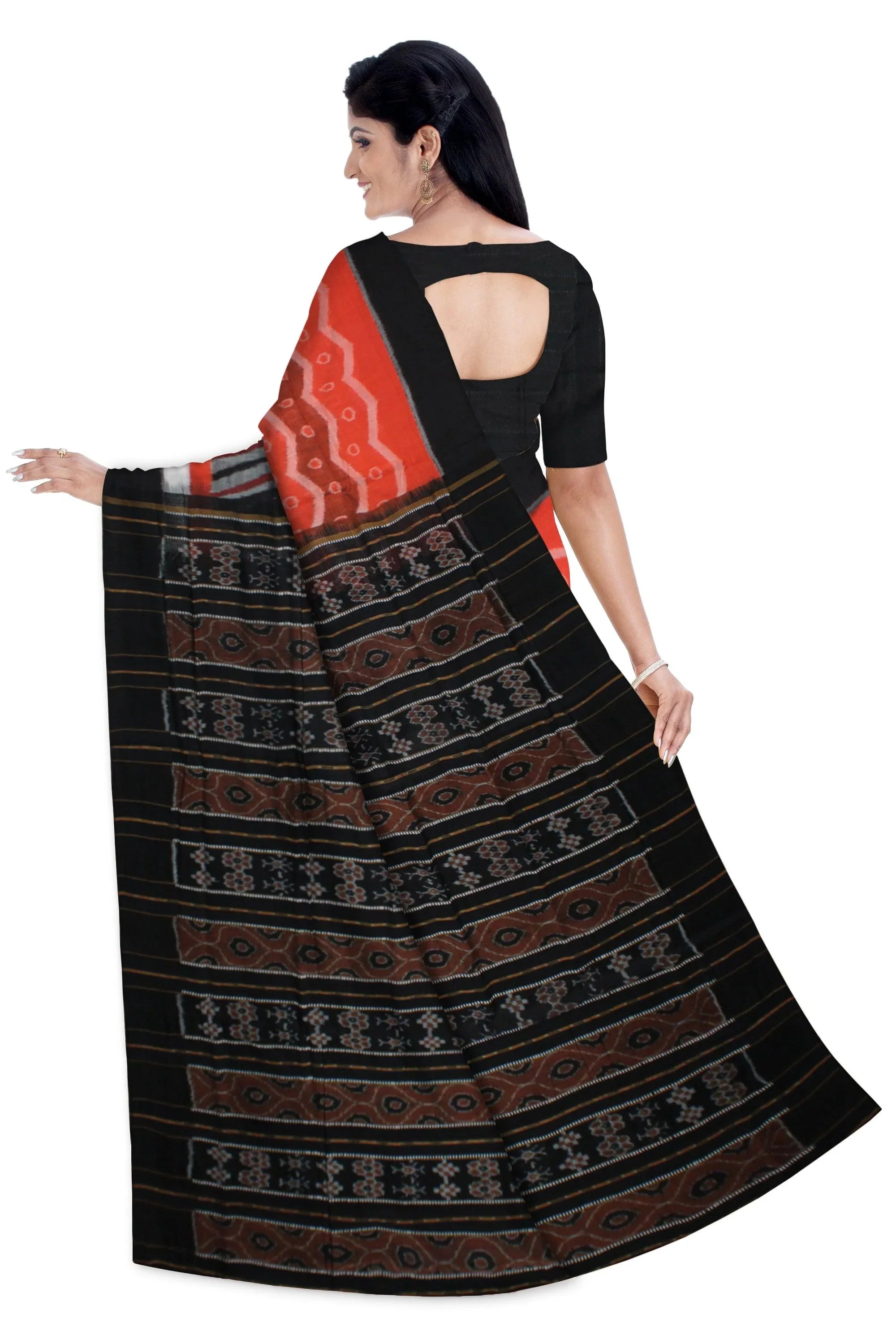 Orange and Black color Kumbha design Sambalpuri  Cotton saree with blouse piece. - Koshali Arts & Crafts Enterprise