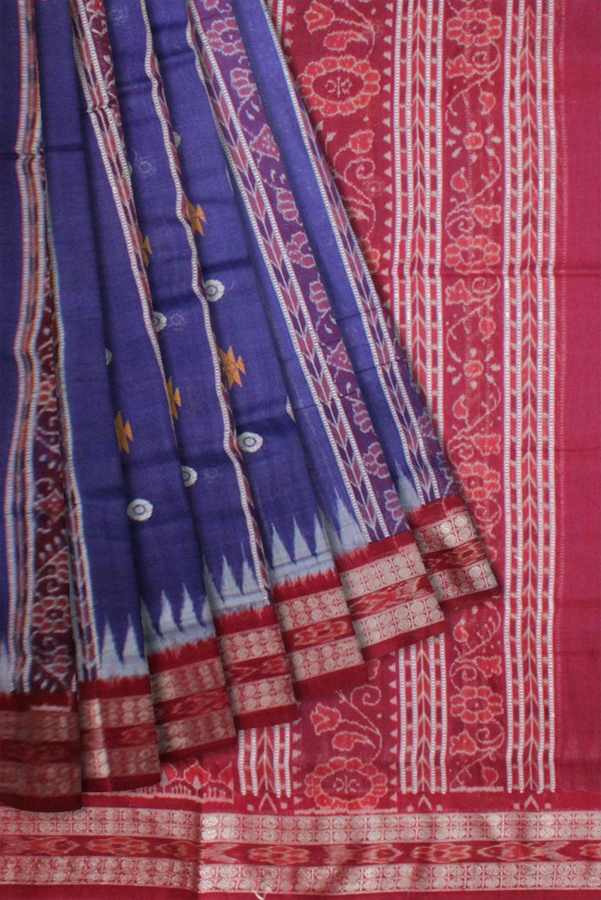 Booty pattern Sambalpuri Saree in Blue and Maroon Color Cotton saree with blouse piece . - Koshali Arts & Crafts Enterprise