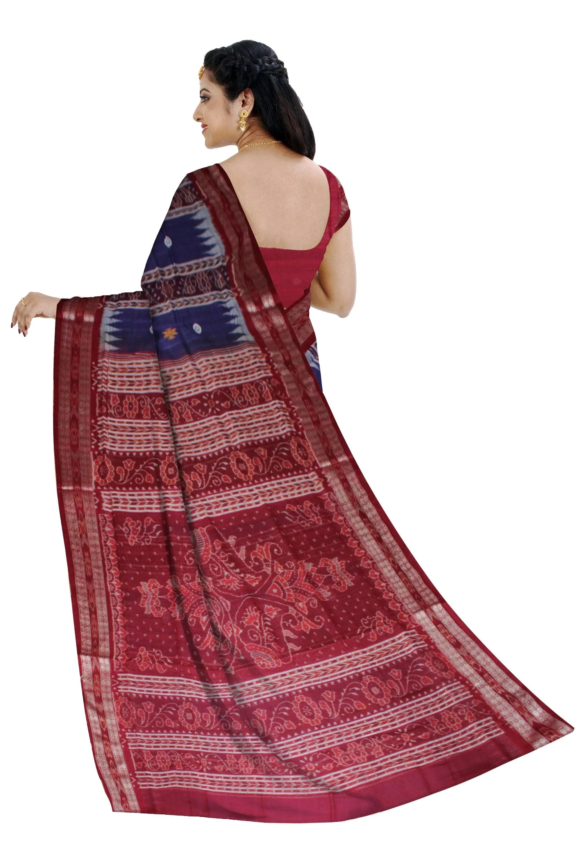 Booty pattern Sambalpuri Saree in Blue and Maroon Color Cotton saree with blouse piece . - Koshali Arts & Crafts Enterprise