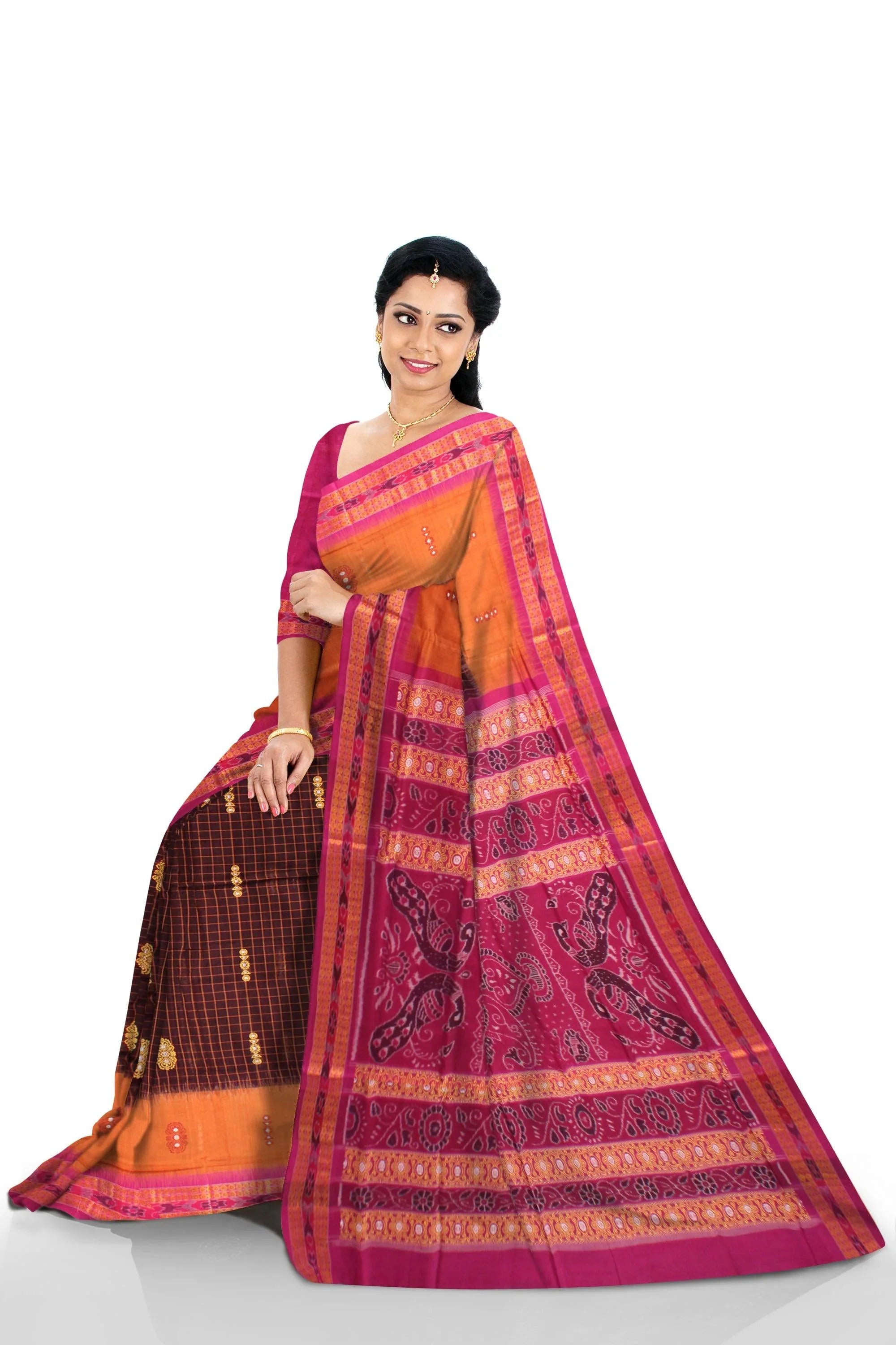 Ikat design Orange and pink colour Sambalpuri cotton saree with blous piece. - Koshali Arts & Crafts Enterprise
