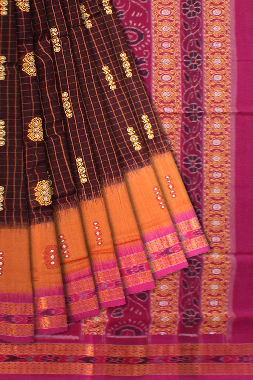 Ikat design Orange and pink colour Sambalpuri cotton saree with blous piece. - Koshali Arts & Crafts Enterprise