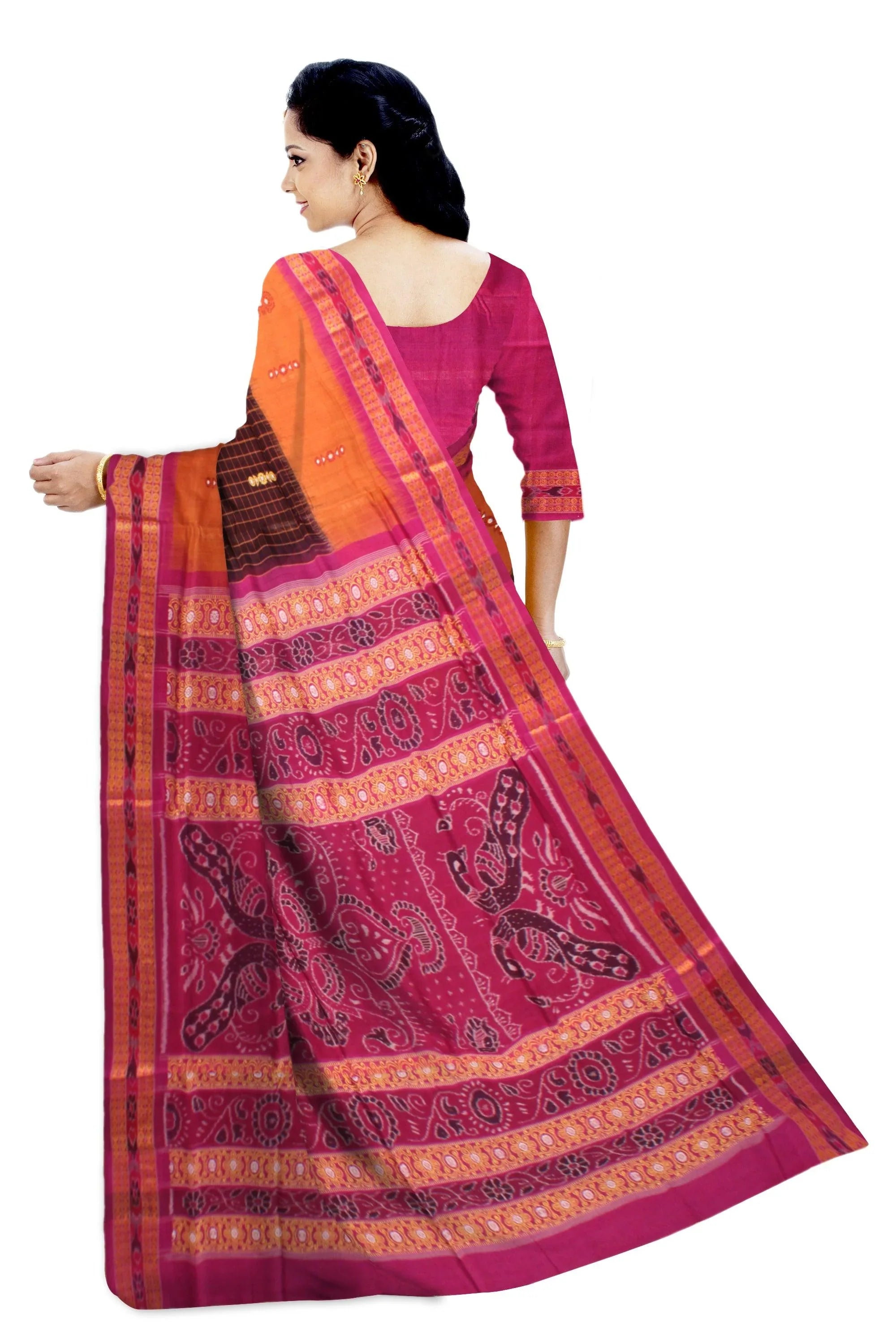 Ikat design Orange and pink colour Sambalpuri cotton saree with blous piece. - Koshali Arts & Crafts Enterprise