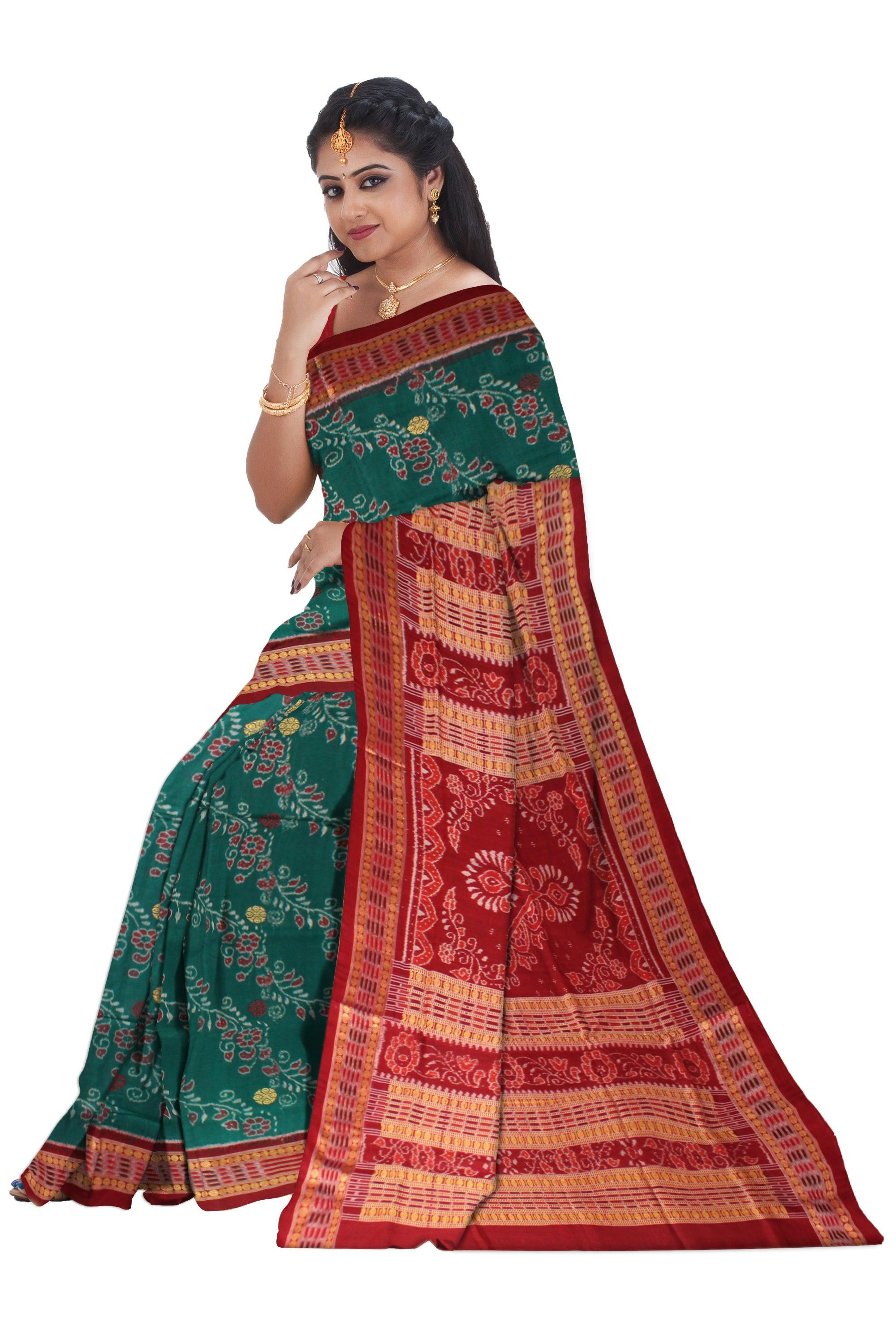 Latest design Sambalpuri Saree in Dark Green and Maroon Pallu  with blouse piece. - Koshali Arts & Crafts Enterprise