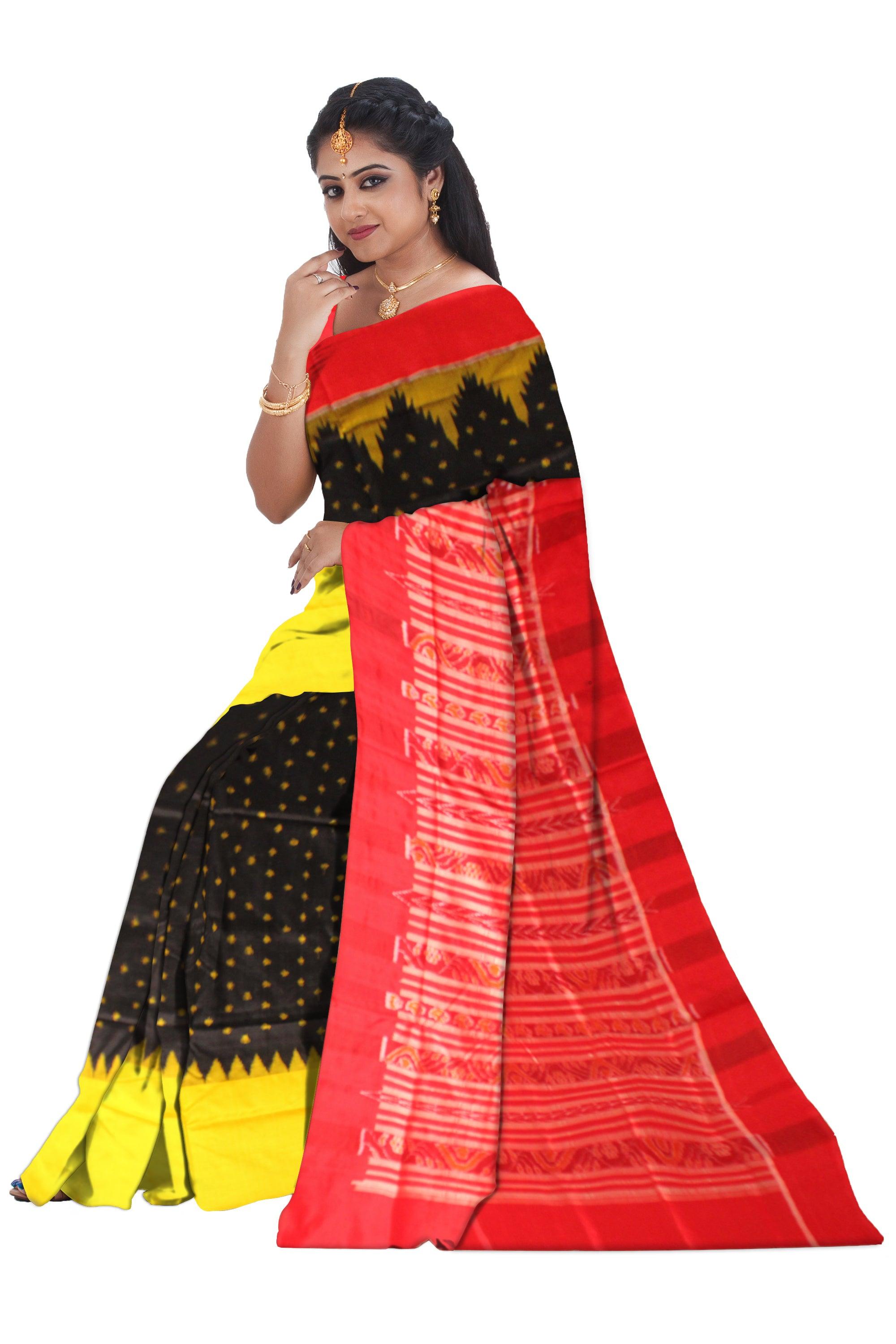 Original Silk Saree in Black color with Yellow dots in Body and Border Yellow and Maroon with blouse piece. - Koshali Arts & Crafts Enterprise